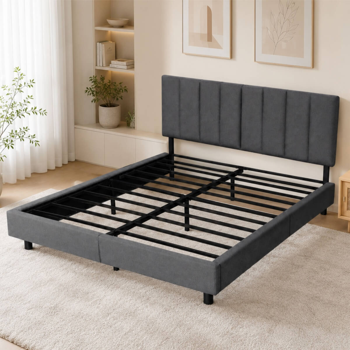 Queen Size Upholstered KD Platform Bed with Heavy-Duty Metal Frame (PAL-2684-KD-BK-ZJWK) - Direct Wicker