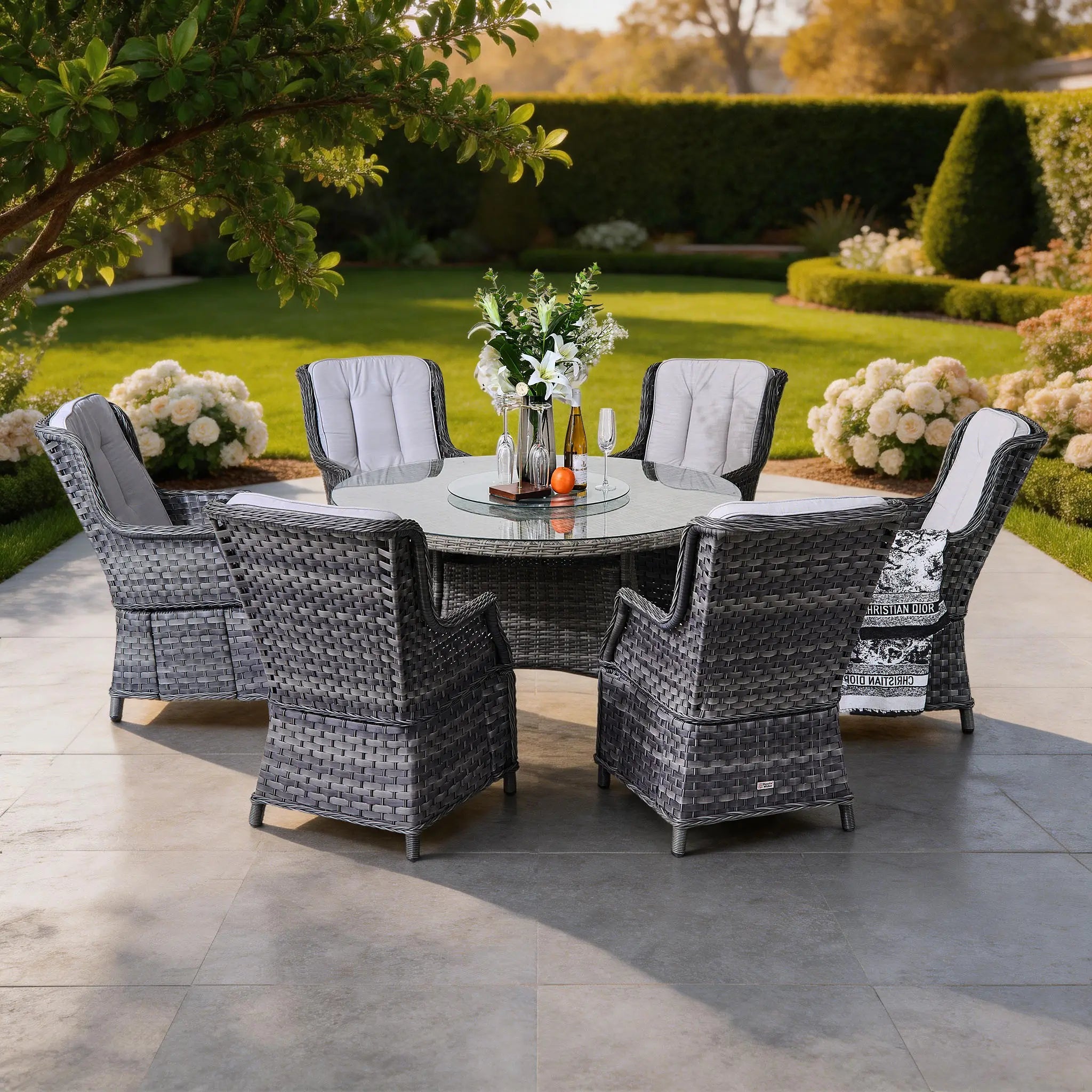 Ravenna 6-Seat Outdoor Dining Set - Round Dining Table with Glass Turntable (PAD-1711+010) - Direct Wicker