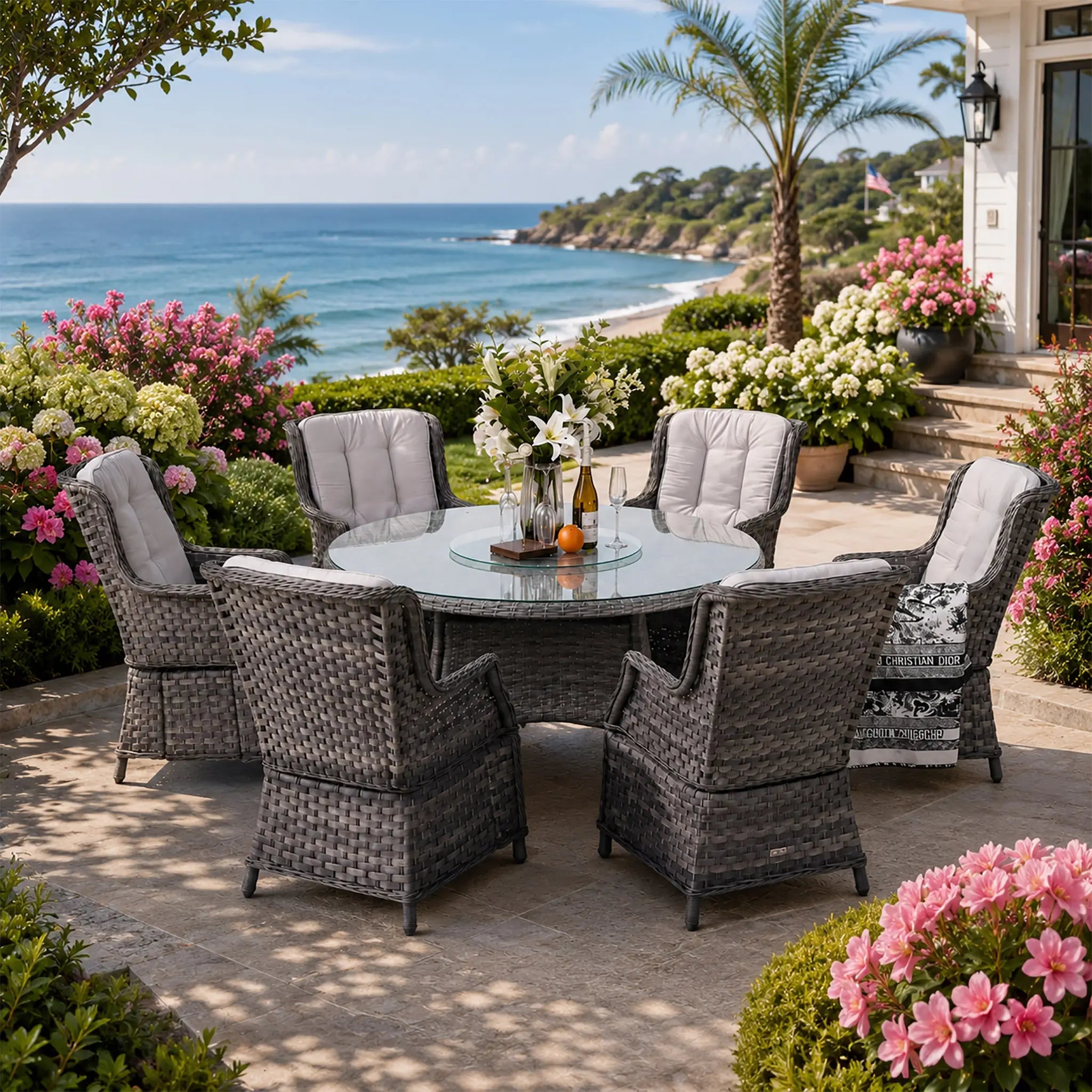 Ravenna 6-Seat Outdoor Dining Set - Round Dining Table with Glass Turntable (PAD-1711+010) - Direct Wicker