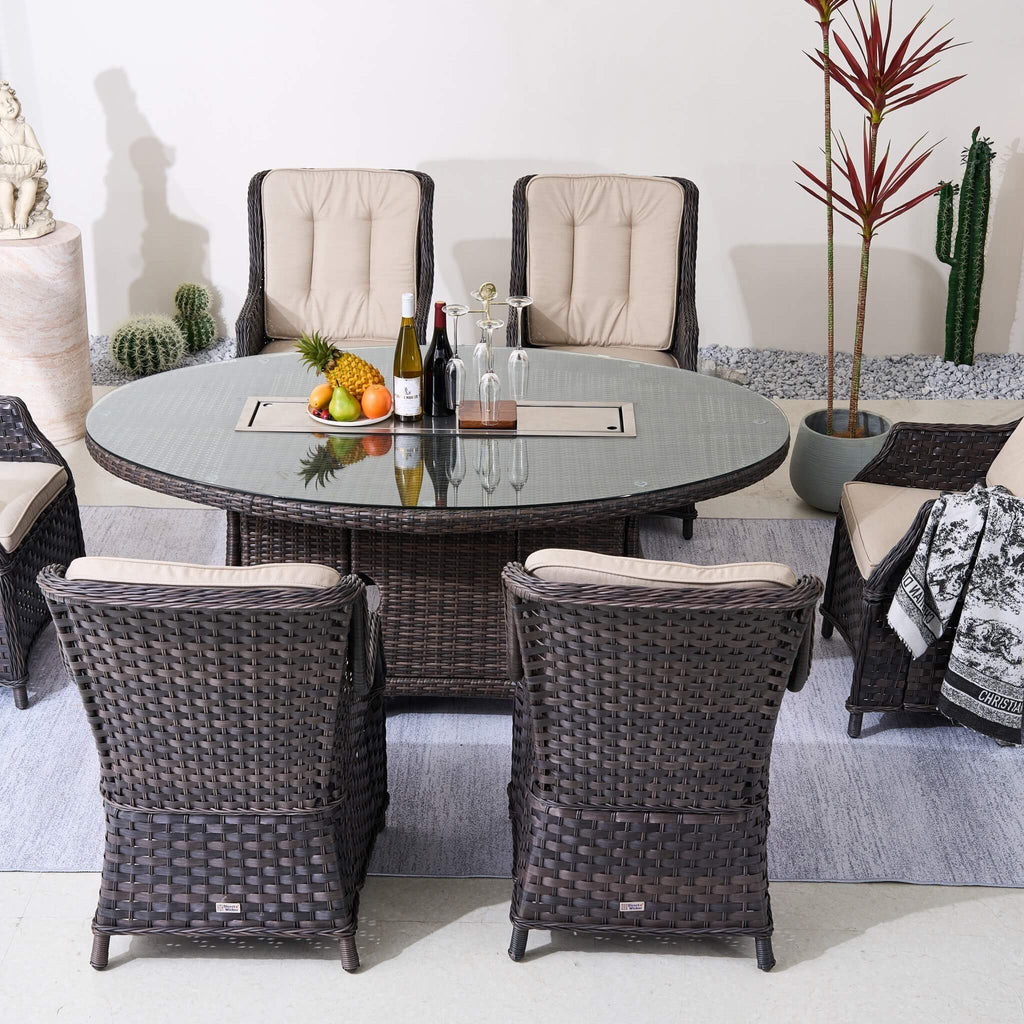 Ravenna 6 - Seat Outdoor Patio Dining Set with Oval Propane Fire Pit Table (PAG - 1106O+010) - Direct Wicker