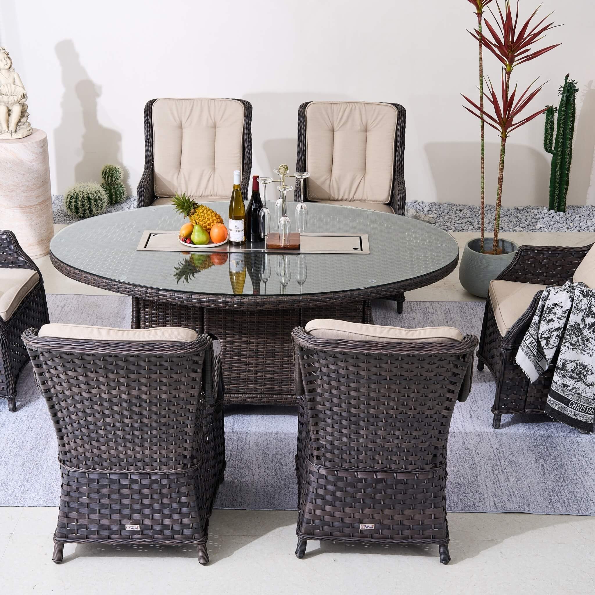 Ravenna 6 - Seat Outdoor Patio Dining Set with Oval Propane Fire Pit Table (PAG - 1106O+010) - Direct Wicker