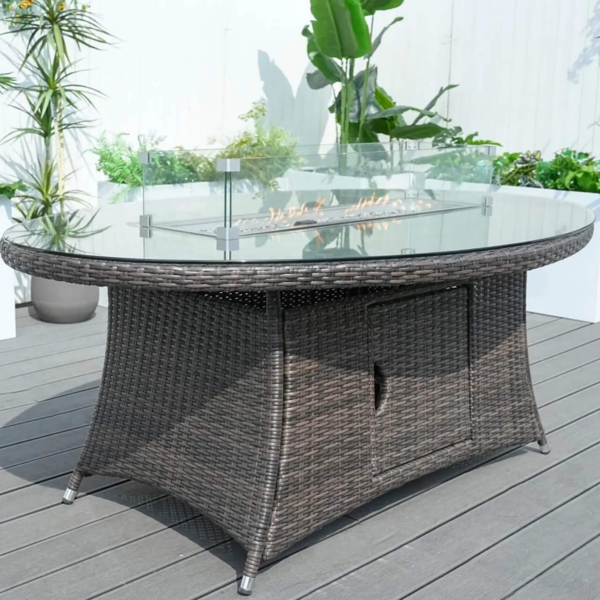 Ravenna 6 - Seat Outdoor Patio Dining Set with Oval Propane Fire Pit Table (PAG - 1106O+010) - Direct Wicker