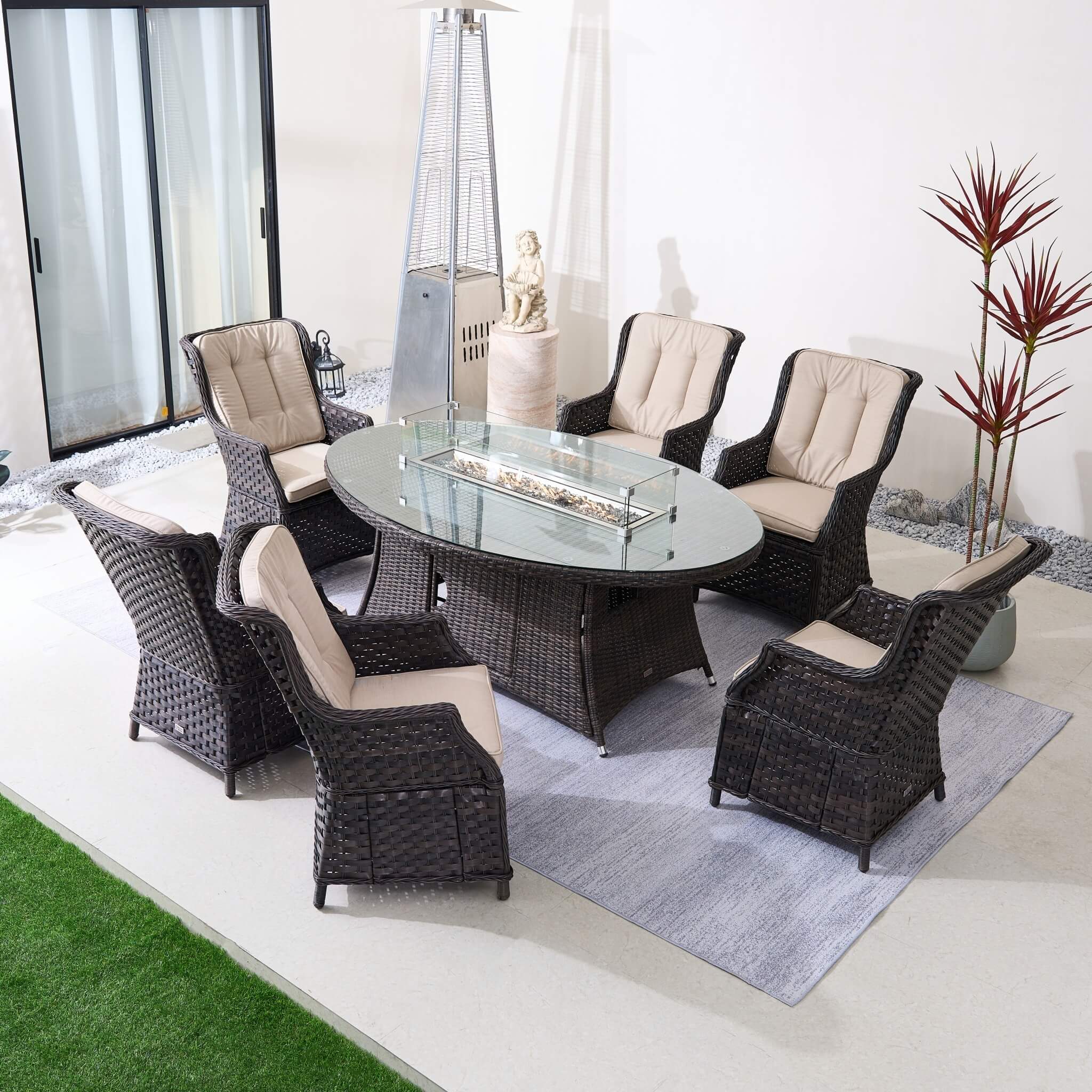 Ravenna 6 - Seat Outdoor Patio Dining Set with Oval Propane Fire Pit Table (PAG - 1106O+010) - Direct Wicker
