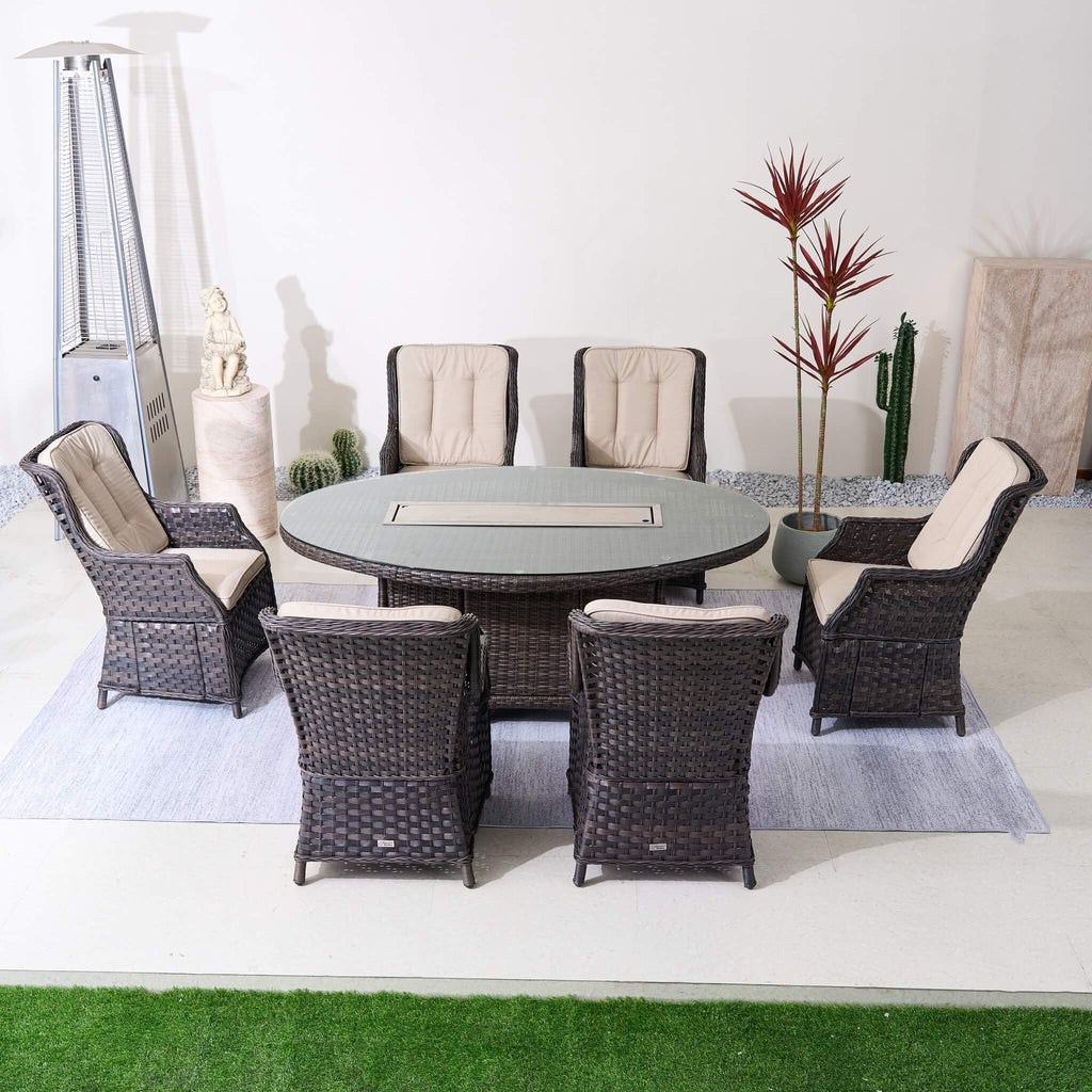 Ravenna 6 - Seat Outdoor Patio Dining Set with Oval Propane Fire Pit Table (PAG - 1106O+010) - Direct Wicker