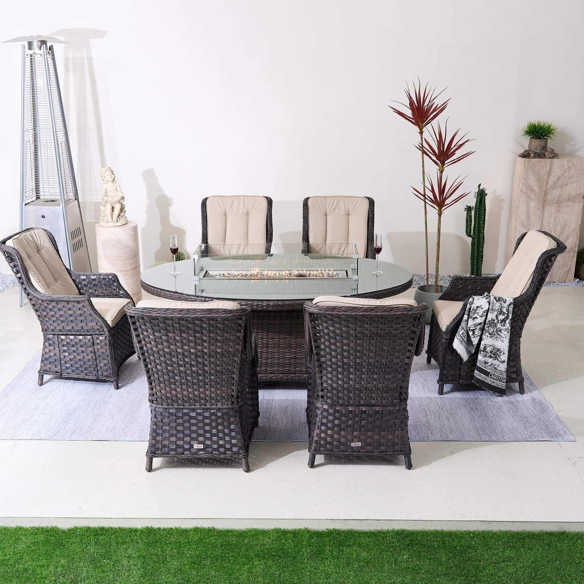 Ravenna 6 - Seat Outdoor Patio Dining Set with Oval Propane Fire Pit Table (PAG - 1106O+010) - Direct Wicker