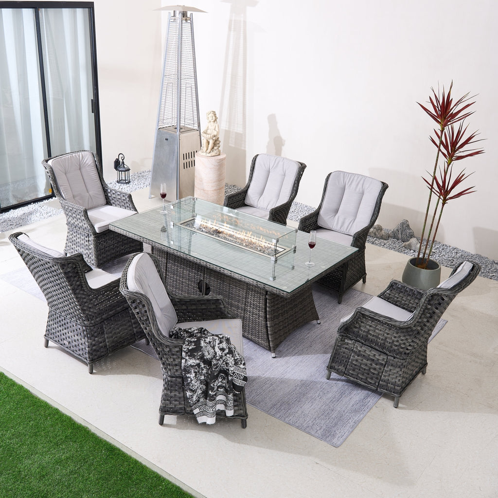 Ravenna 6 - Seat Outdoor Patio Dining Set with Rectangle Fire Pit Table (PAG - 1106R+010) - Direct Wicker