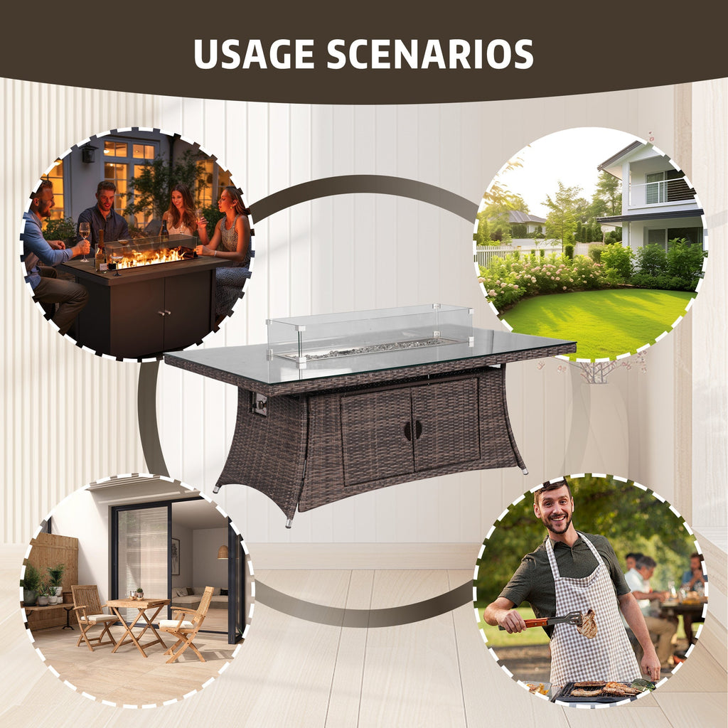 Ravenna 6 - Seat Outdoor Patio Dining Set with Rectangle Fire Pit Table (PAG - 1106R+010) - Direct Wicker