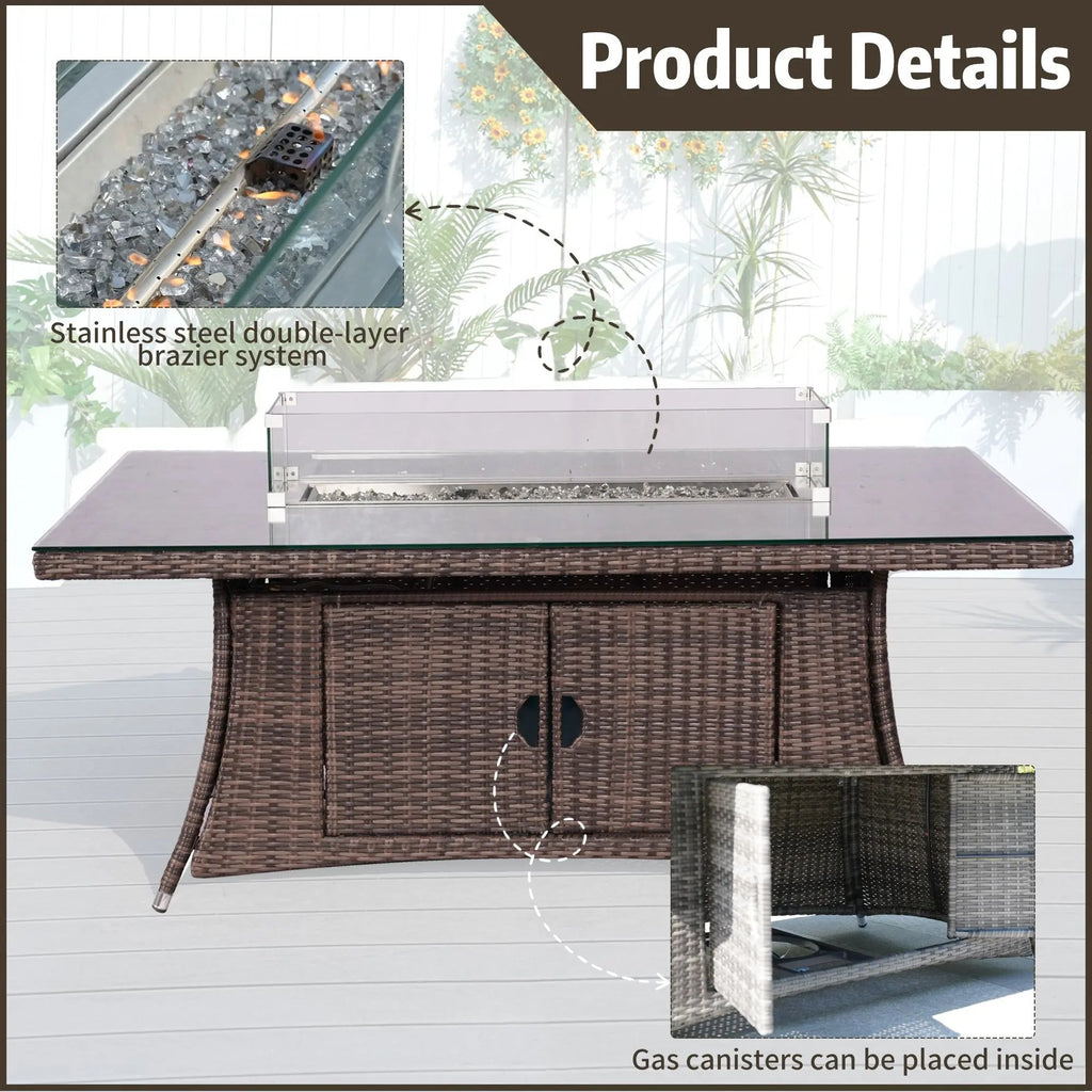 Ravenna 6 - Seat Outdoor Patio Dining Set with Rectangle Fire Pit Table (PAG - 1106R+010) - Direct Wicker