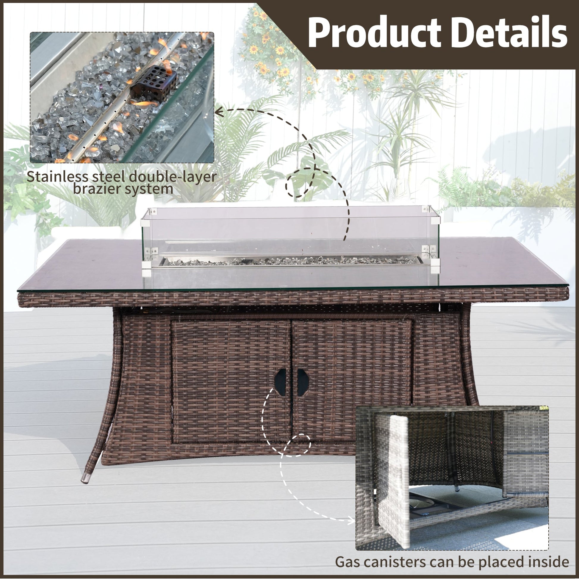 Ravenna 6 - Seat Outdoor Patio Dining Set with Rectangle Fire Pit Table (PAG - 1106R+010) - Direct Wicker