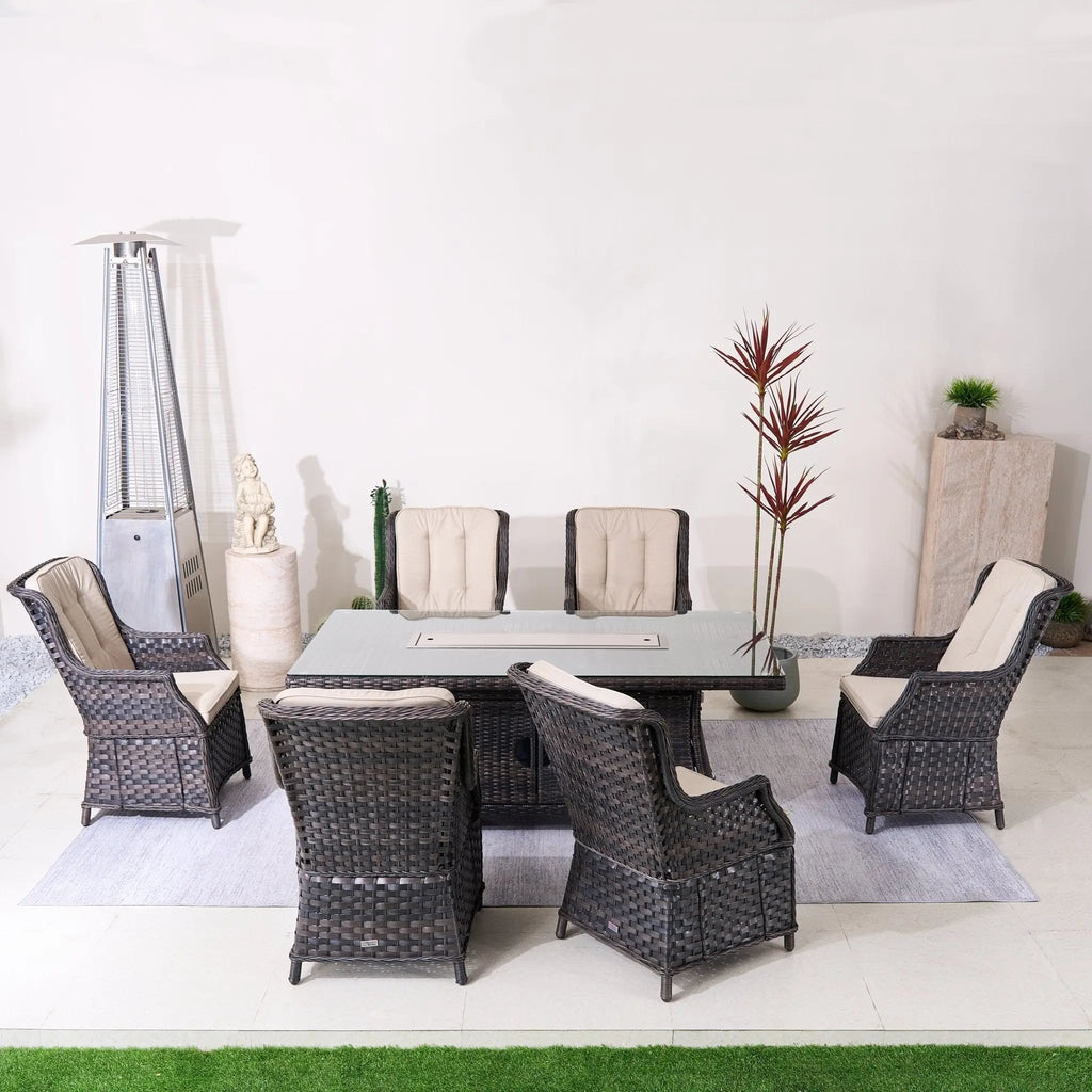 Ravenna 6 - Seat Outdoor Patio Dining Set with Rectangle Fire Pit Table (PAG - 1106R+010) - Direct Wicker