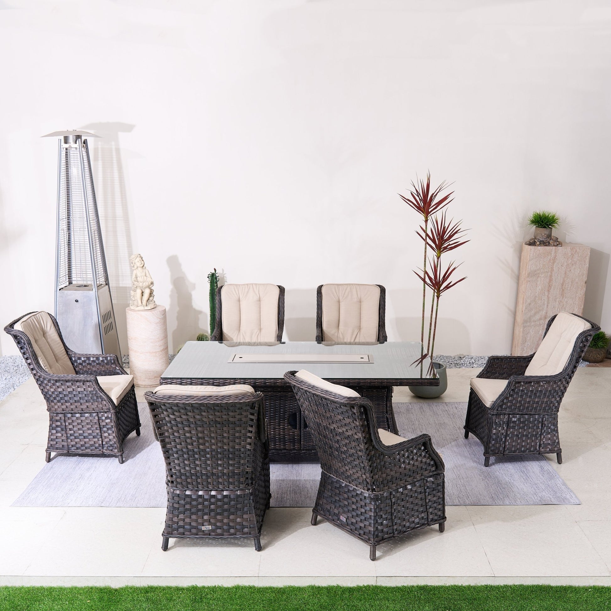 Ravenna 6 - Seat Outdoor Patio Dining Set with Rectangle Fire Pit Table (PAG - 1106R+010) - Direct Wicker