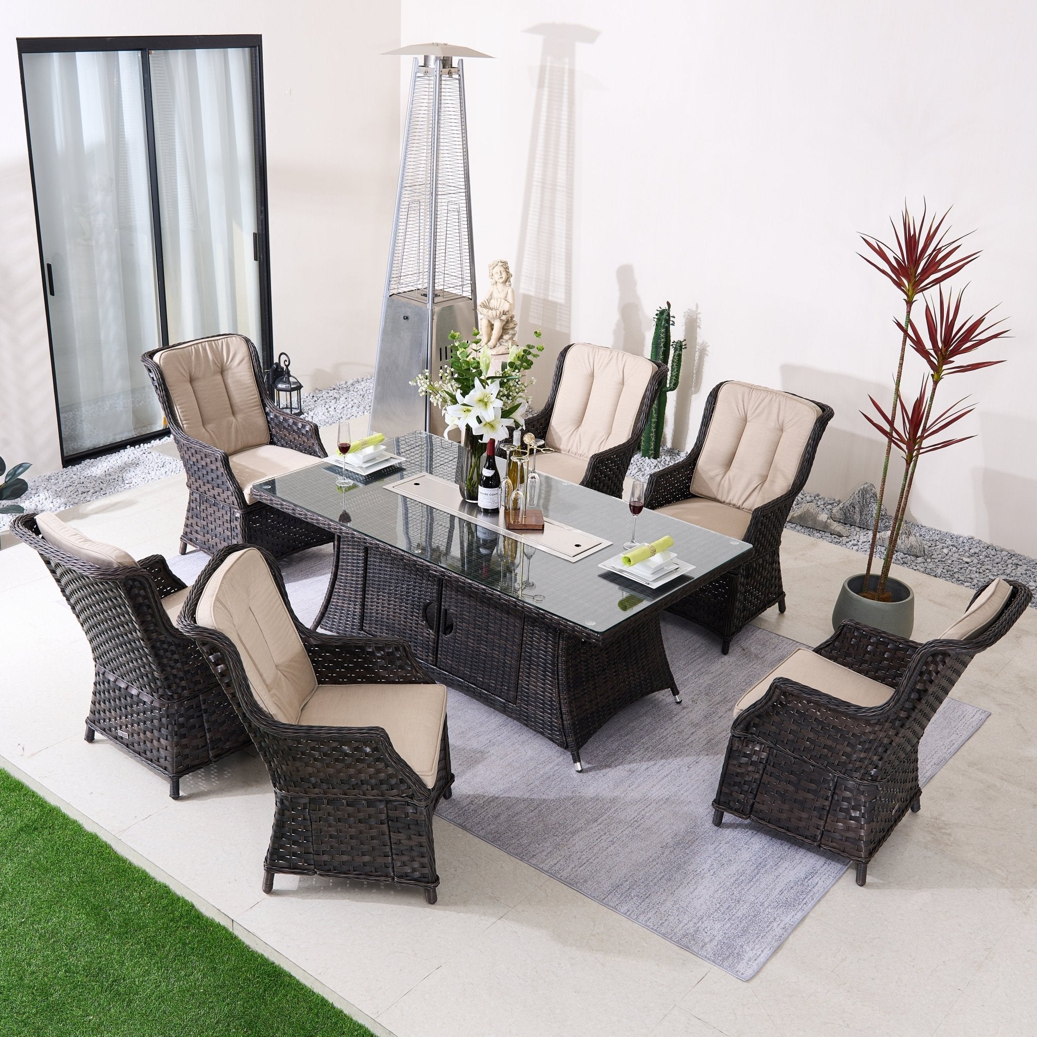 Ravenna 6 - Seat Outdoor Patio Dining Set with Rectangle Fire Pit Table (PAG - 1106R+010) - Direct Wicker