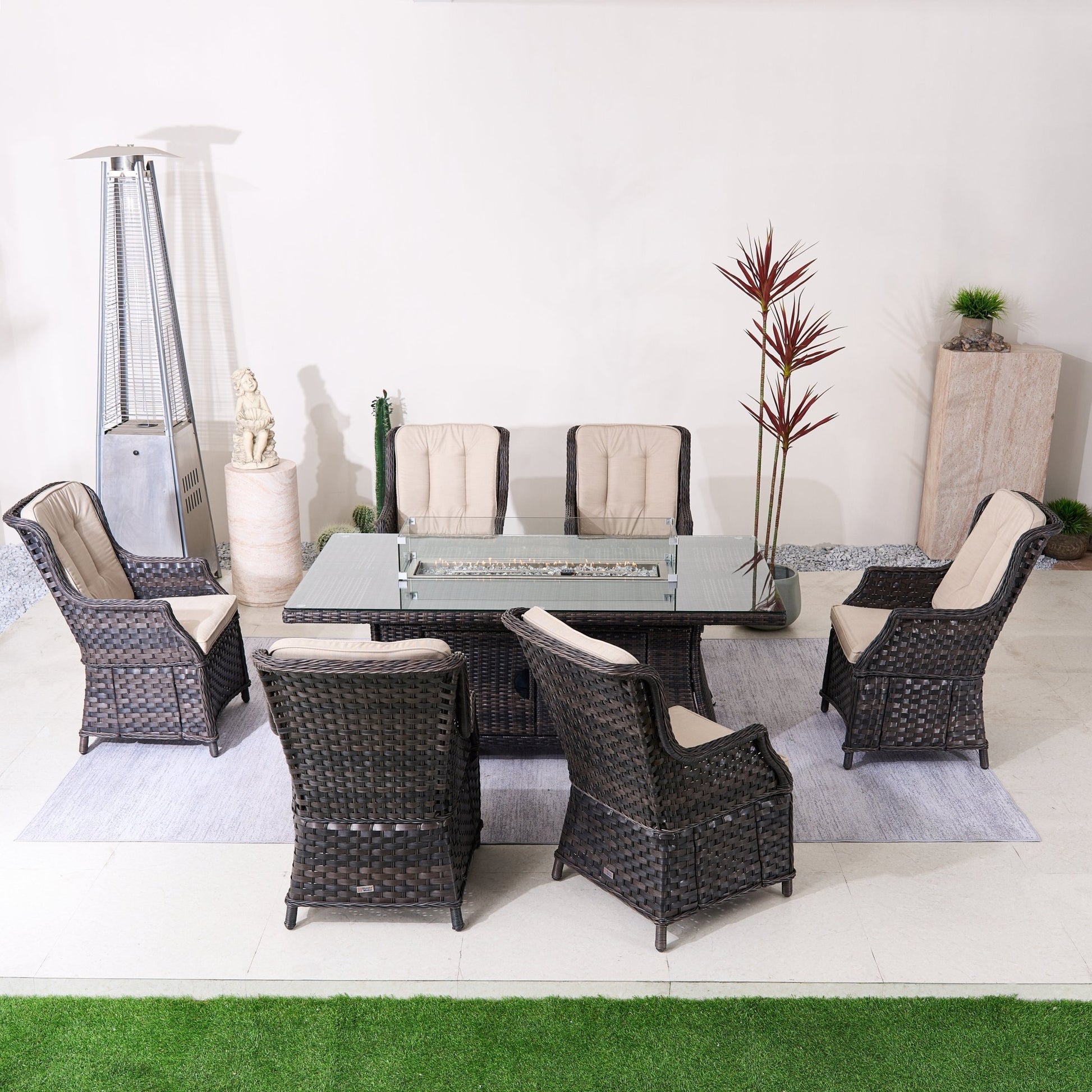 Ravenna 6 - Seat Outdoor Patio Dining Set with Rectangle Fire Pit Table (PAG - 1106R+010) - Direct Wicker