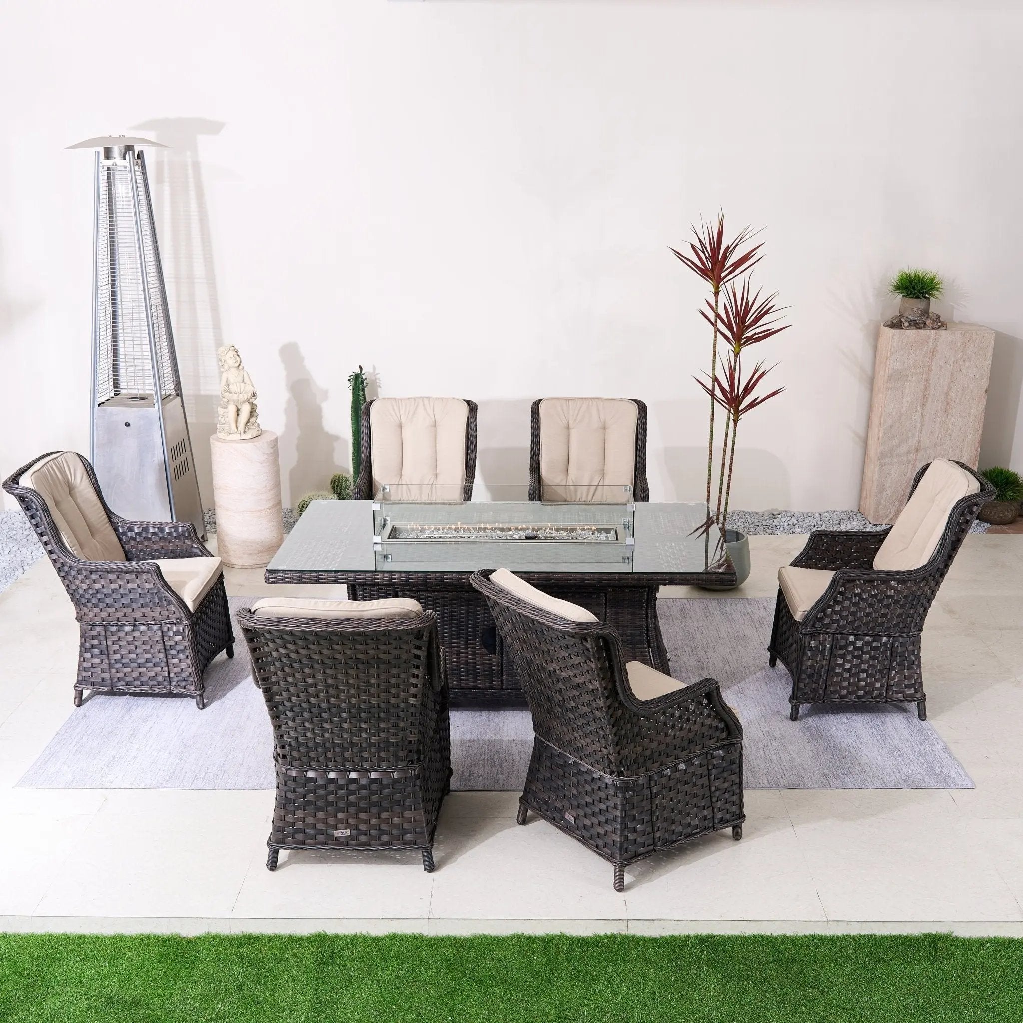 Ravenna 6 - Seat Outdoor Patio Dining Set with Rectangle Fire Pit Table (PAG - 1106R+010) - Direct Wicker