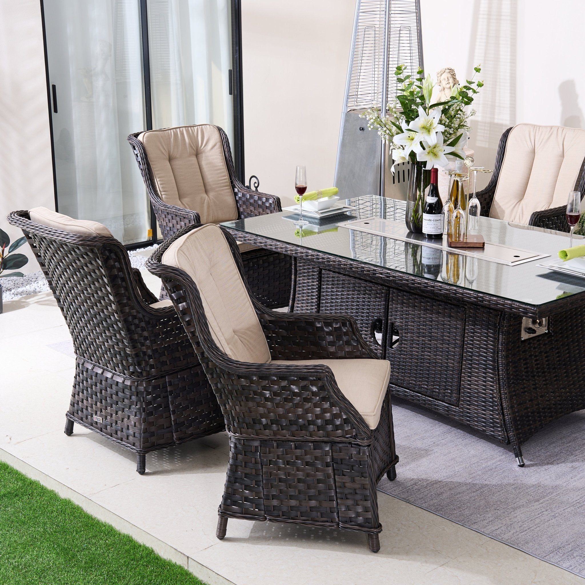 Ravenna 6 - Seat Outdoor Patio Dining Set with Rectangle Fire Pit Table (PAG - 1106R+010) - Direct Wicker