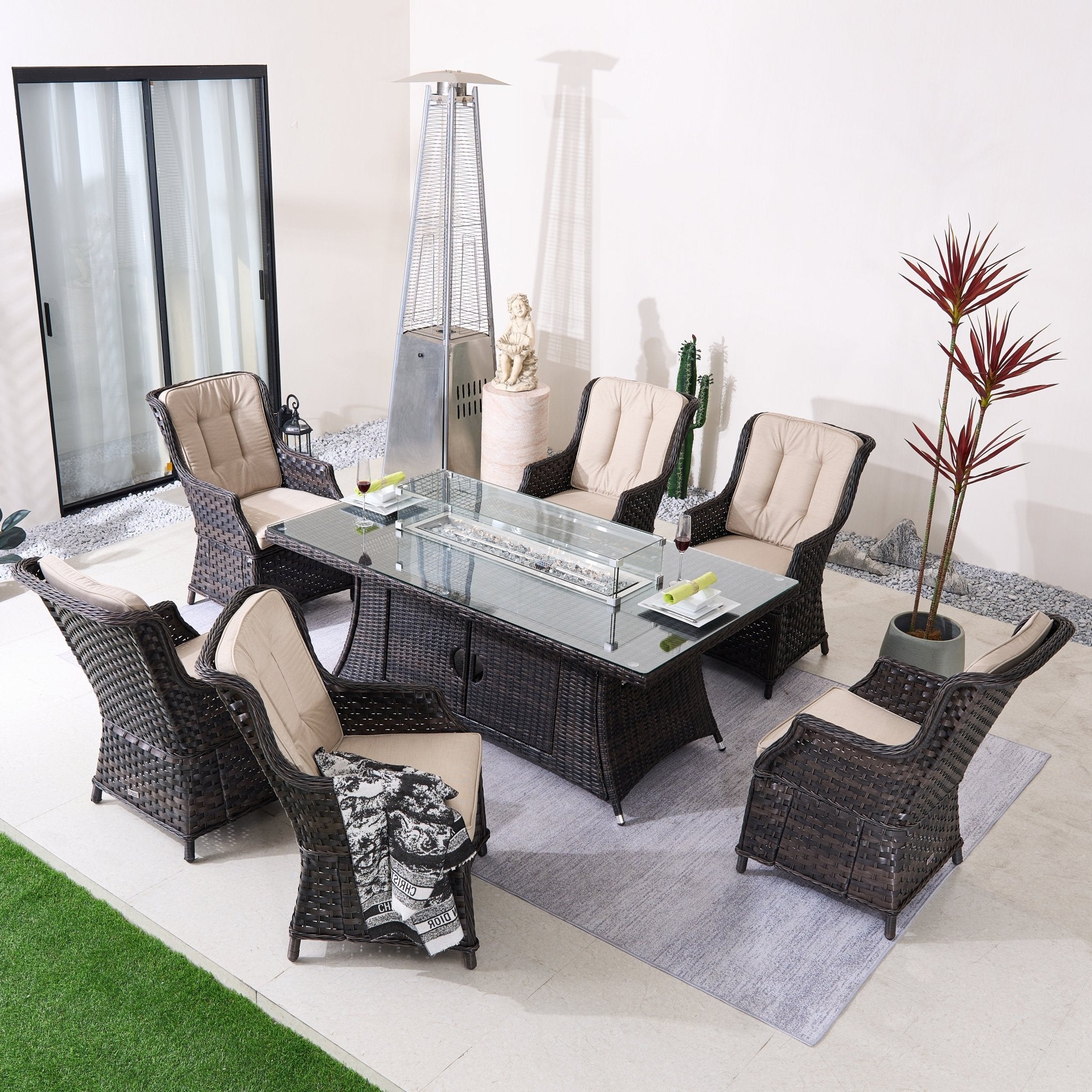 Ravenna 6 - Seat Outdoor Patio Dining Set with Rectangle Fire Pit Table (PAG - 1106R+010) - Direct Wicker