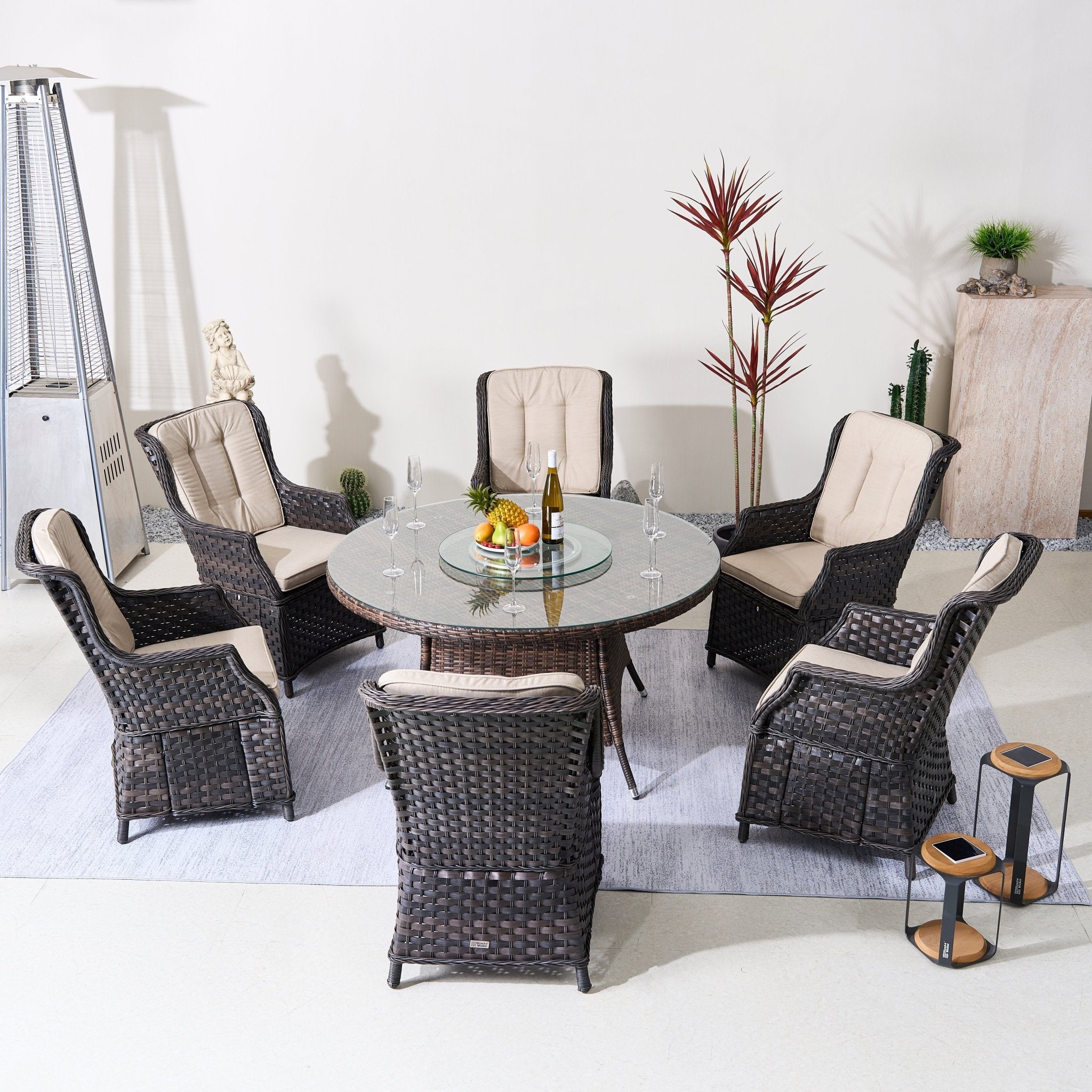 Ravenna 6 - Seater Outdoor Dining Set – Round Dining Table with Glass Turntable (PAD - 1711+010) - Direct Wicker