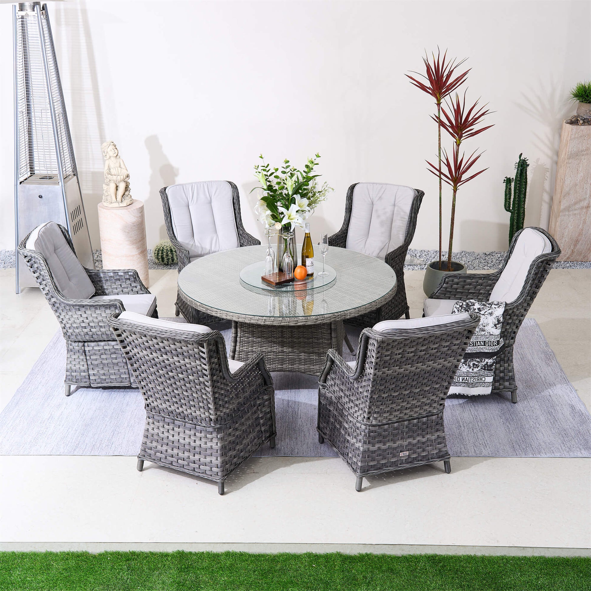 Ravenna 6 - Seater Outdoor Dining Set – Round Dining Table with Glass Turntable (PAD - 1711+010) - Direct Wicker