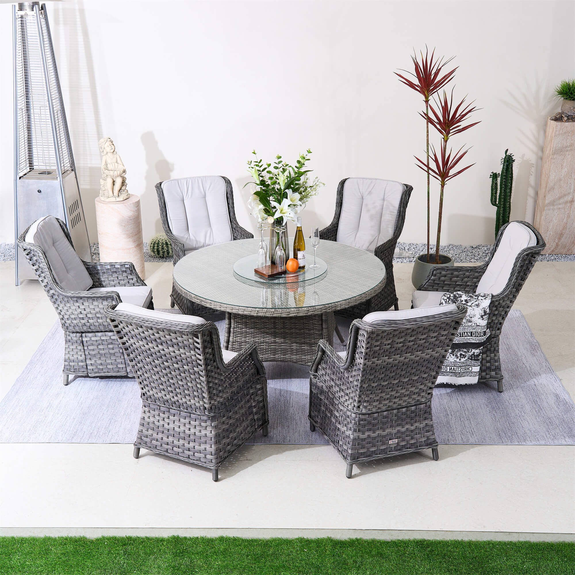 Ravenna 6 - Seater Outdoor Dining Set – Round Dining Table with Glass Turntable (PAD - 1711+010) - Direct Wicker