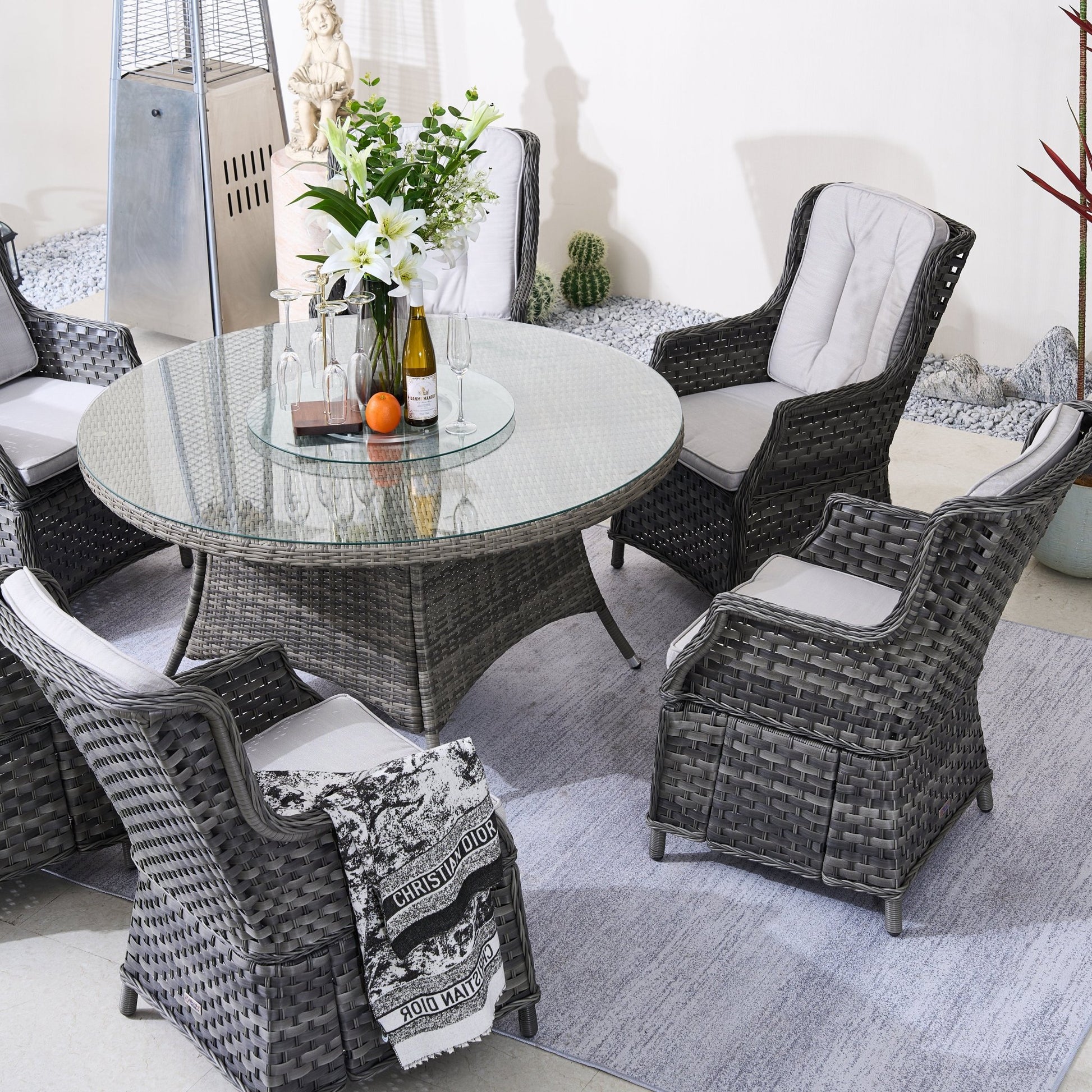 Ravenna 6 - Seater Outdoor Dining Set – Round Dining Table with Glass Turntable (PAD - 1711+010) - Direct Wicker