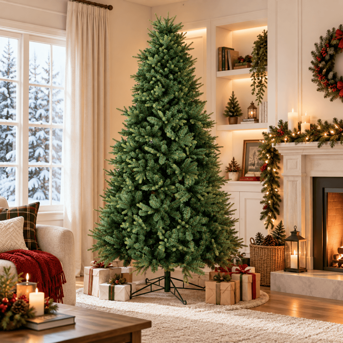 Realistic Full Green PE & PVC Artificial Christmas Tree - Lush Mixed-Foliage Xmas Tree for Festive Home Decoration, 6.5ft/7.5ft/8.5ft - Direct Wicker