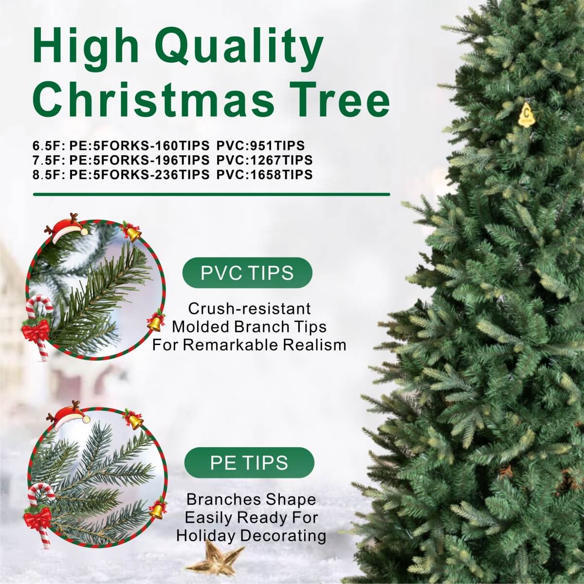 Realistic Full Green PE & PVC Artificial Christmas Tree - Lush Mixed-Foliage Xmas Tree for Festive Home Decoration, 6.5ft/7.5ft/8.5ft - Direct Wicker