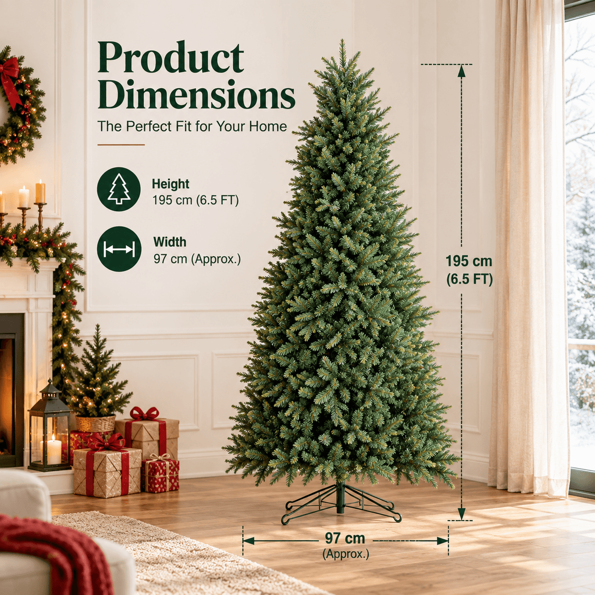 Realistic Full Green PE & PVC Artificial Christmas Tree - Lush Mixed-Foliage Xmas Tree for Festive Home Decoration, 6.5ft/7.5ft/8.5ft - Direct Wicker