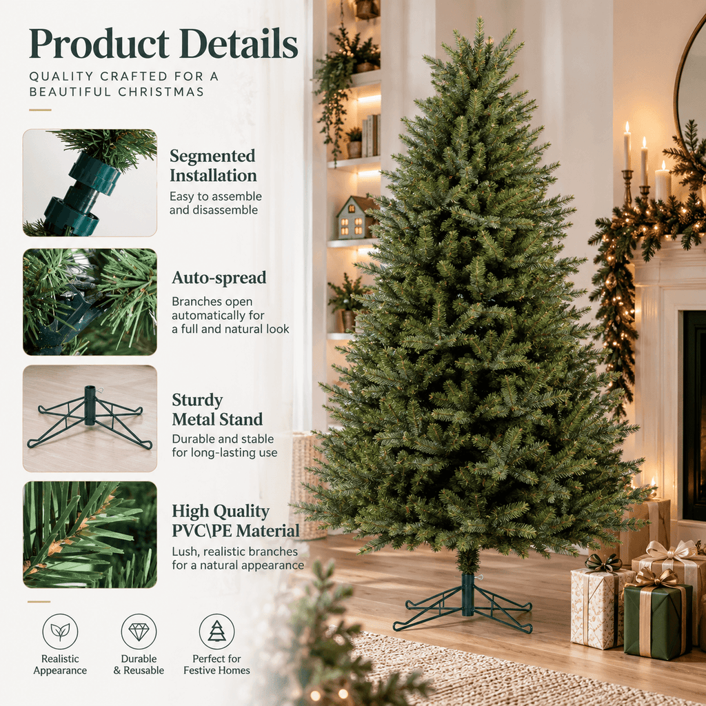 Realistic PE & PVC Artificial Christmas Tree - Full Mixed-Foliage Xmas Tree for a Lush Festive Look, 7ft/8ft/9ft - Direct Wicker