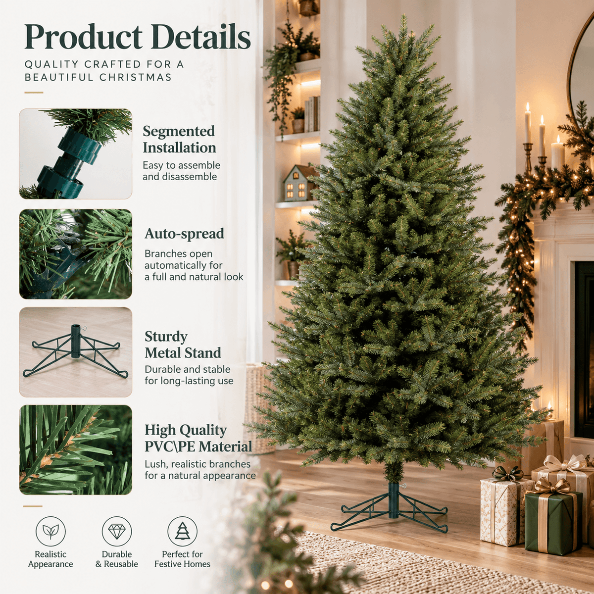 Realistic PE & PVC Artificial Christmas Tree - Full Mixed-Foliage Xmas Tree for a Lush Festive Look, 7ft/8ft/9ft - Direct Wicker