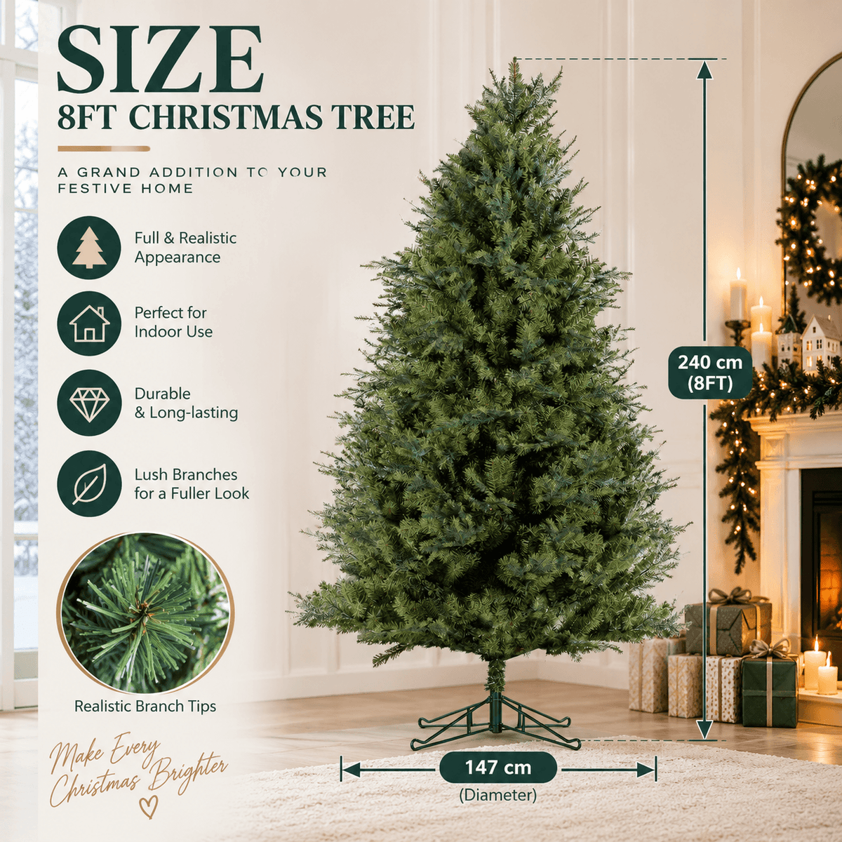 Realistic PE & PVC Artificial Christmas Tree - Full Mixed-Foliage Xmas Tree for a Lush Festive Look, 7ft/8ft/9ft - Direct Wicker