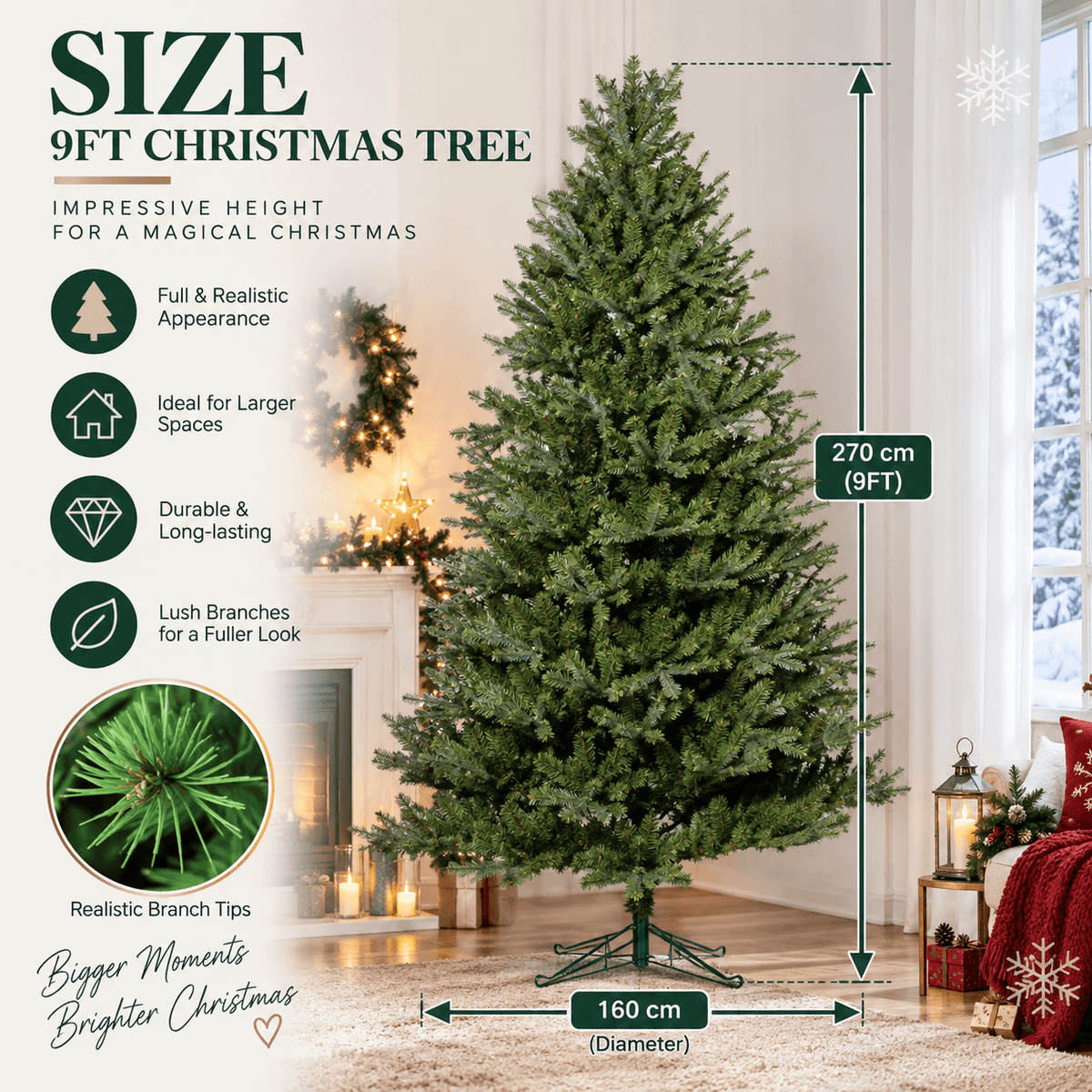 Realistic PE & PVC Artificial Christmas Tree - Full Mixed-Foliage Xmas Tree for a Lush Festive Look, 7ft/8ft/9ft - Direct Wicker