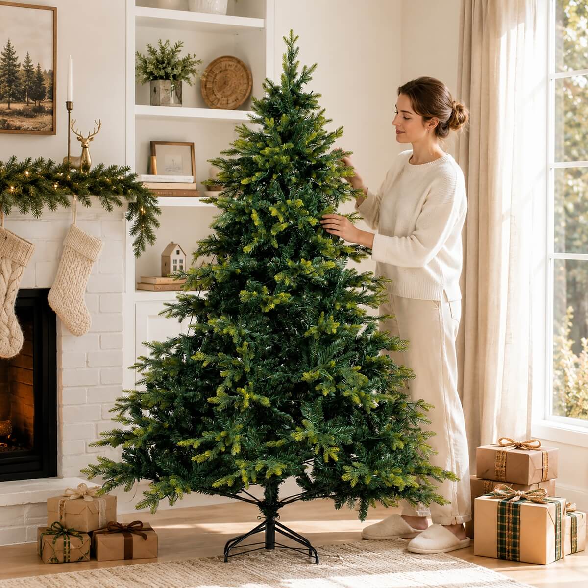 Realistic PE/PVC Unlit Artificial Christmas Tree with Natural Mixed Foliage, Full Branch Design & Metal Stand – 6 FT, 7 FT & 8 FT (PAT-014) - Direct Wicker