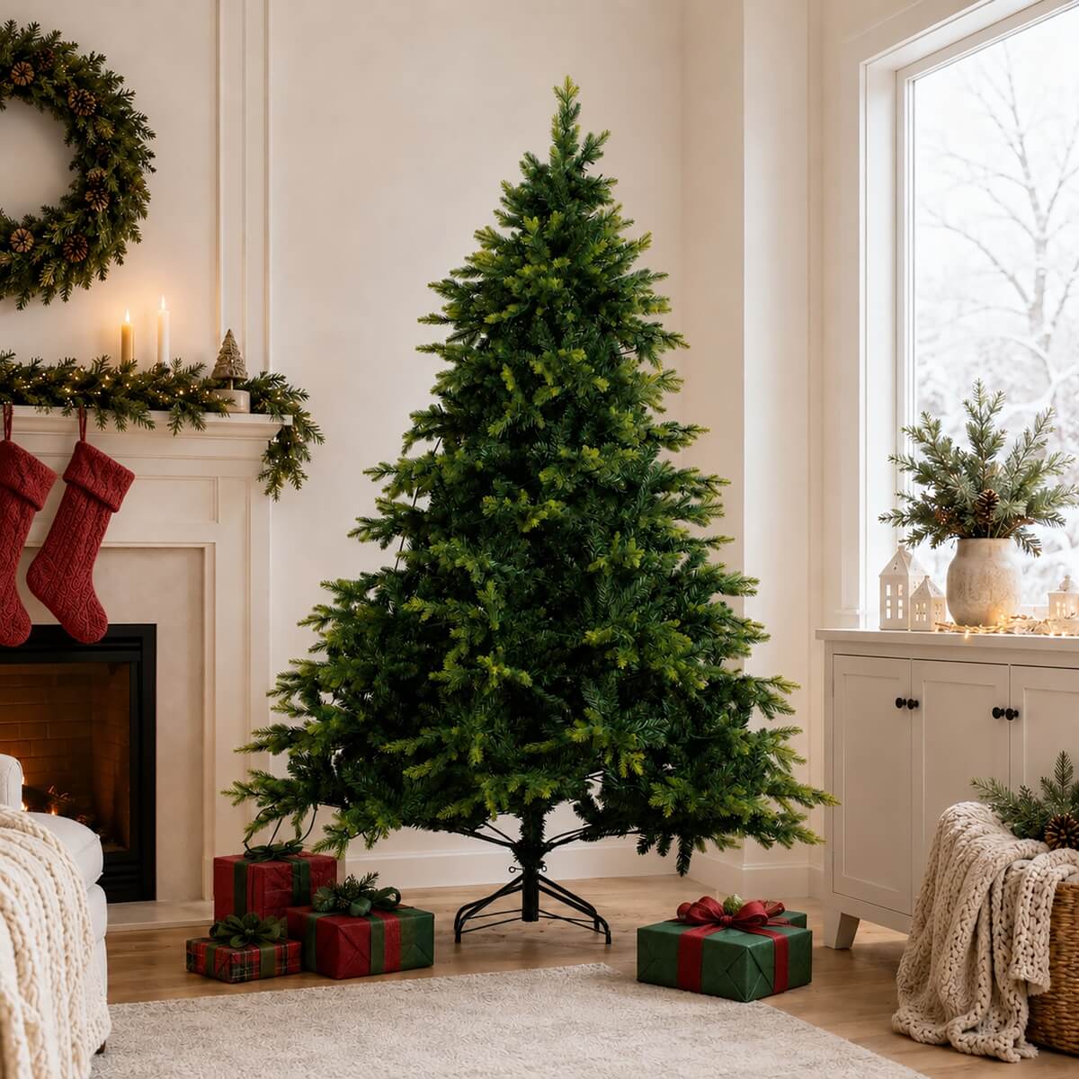 Realistic PE/PVC Unlit Artificial Christmas Tree with Natural Mixed Foliage, Full Branch Design & Metal Stand – 6 FT, 7 FT & 8 FT (PAT-014) - Direct Wicker