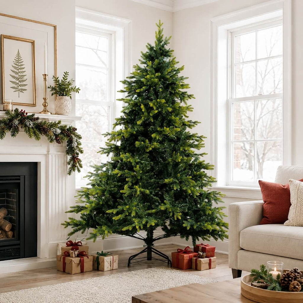 Realistic PE/PVC Unlit Artificial Christmas Tree with Natural Mixed Foliage, Full Branch Design & Metal Stand – 6 FT, 7 FT & 8 FT (PAT-014) - Direct Wicker