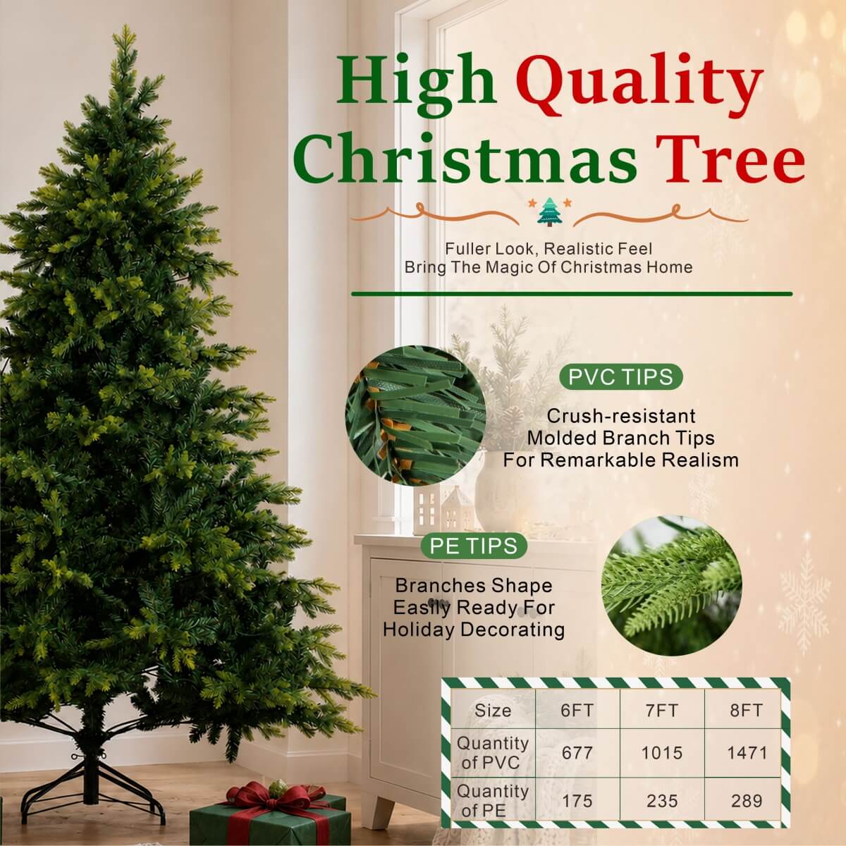Realistic PE/PVC Unlit Artificial Christmas Tree with Natural Mixed Foliage, Full Branch Design & Metal Stand – 6 FT, 7 FT & 8 FT (PAT-014) - Direct Wicker