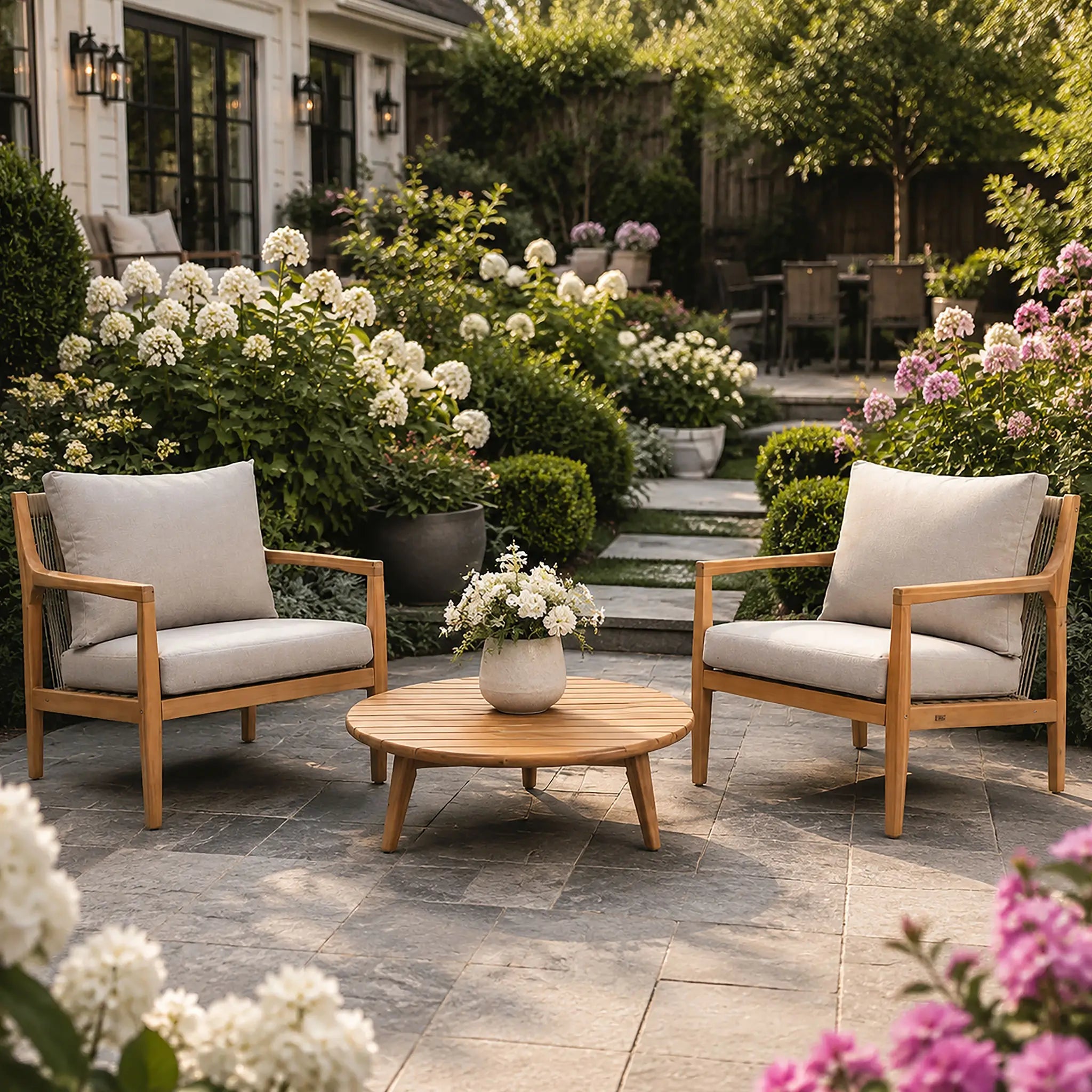 Rebel 2-Seat Wood Patio Conversation Set with Side Table (PAS-2513-SC*2+ST) - Direct Wicker