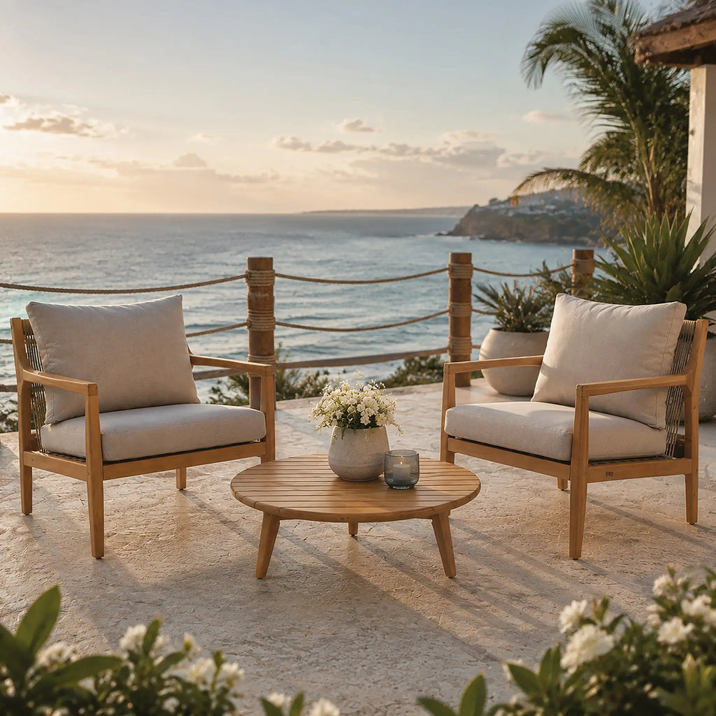 Rebel 2-Seat Wood Patio Conversation Set with Side Table (PAS-2513-SC*2+ST) - Direct Wicker