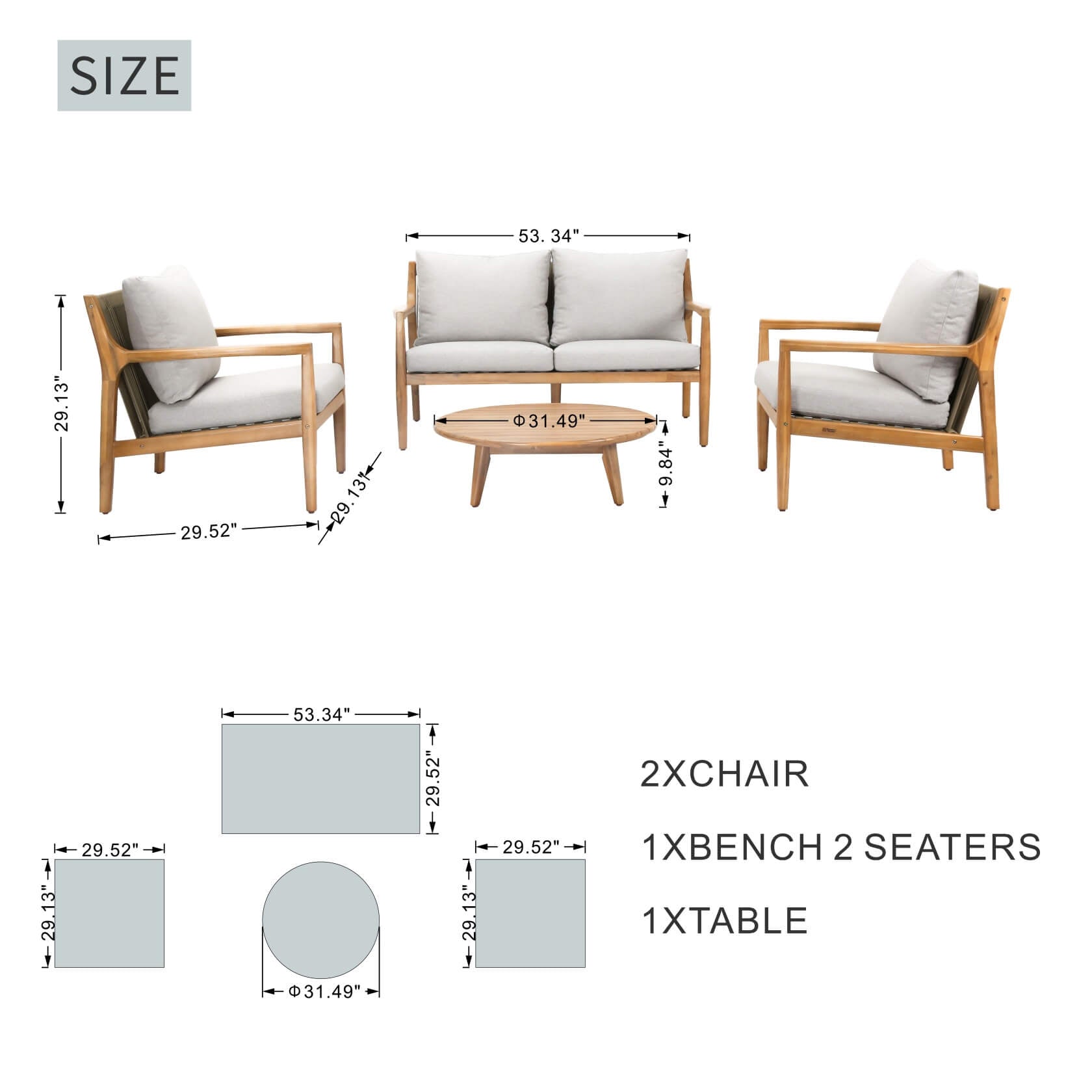 Rebel 4 - Seat Wood Patio Conversation Set (PAS - 2513 - 2SC+SC*2+TA) - Direct Wicker