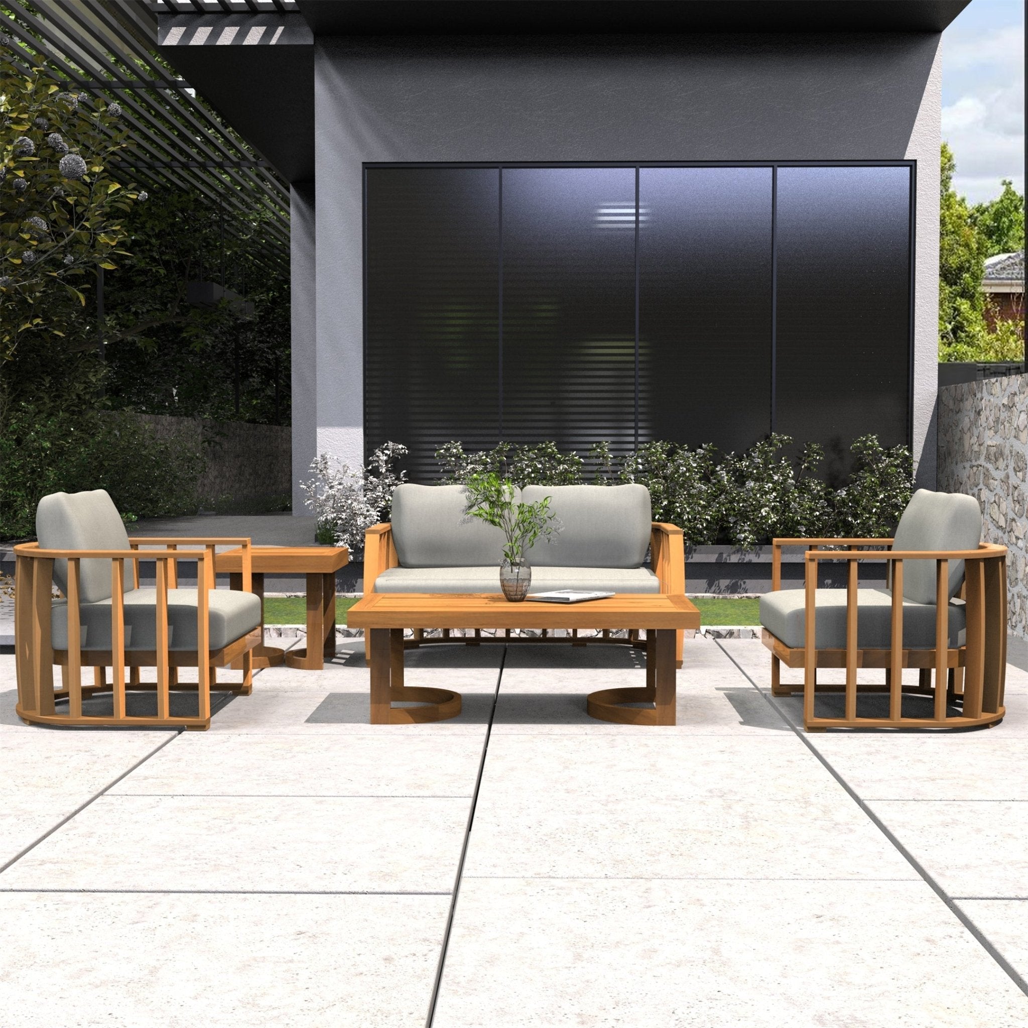 Rebel 4-Seat Wood Patio Conversation Set with Footstool (PAS-2521-2SC+SC*2+TA+ST) - Direct Wicker