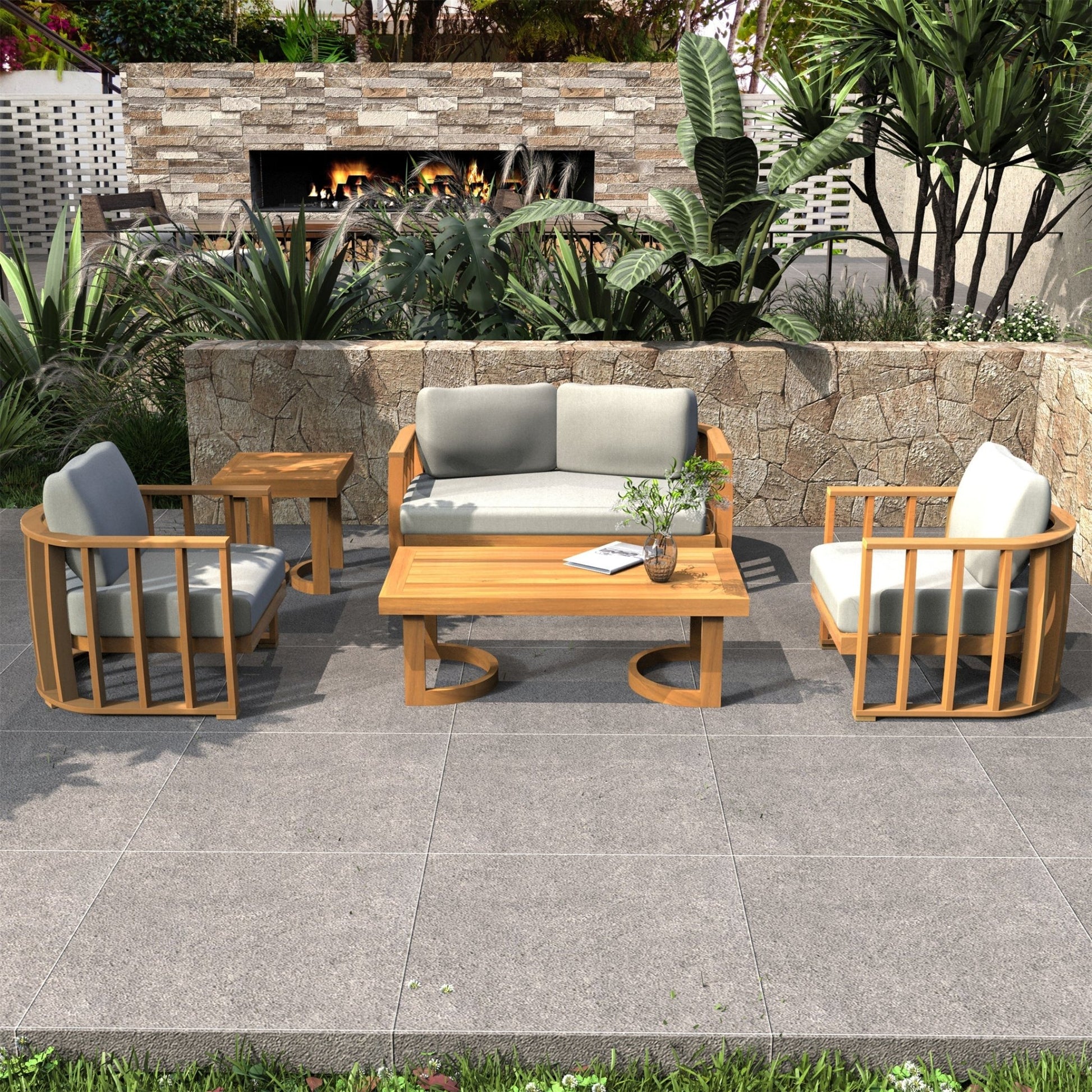 Rebel 4-Seat Wood Patio Conversation Set with Footstool (PAS-2521-2SC+SC*2+TA+ST) - Direct Wicker