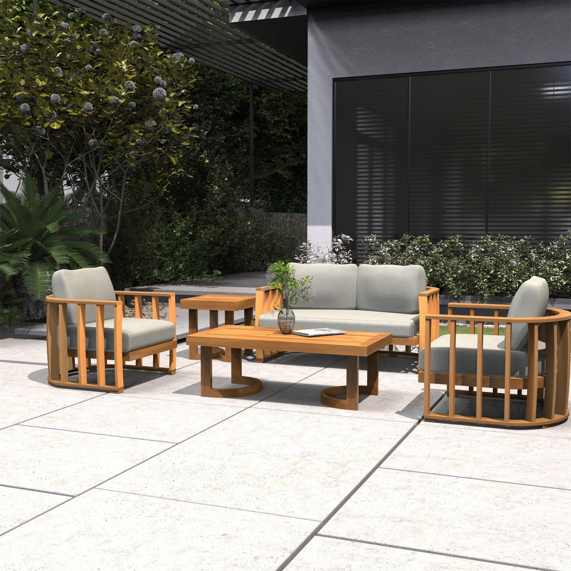 Rebel 4-Seat Wood Patio Conversation Set with Footstool (PAS-2521-2SC+SC*2+TA+ST) - Direct Wicker