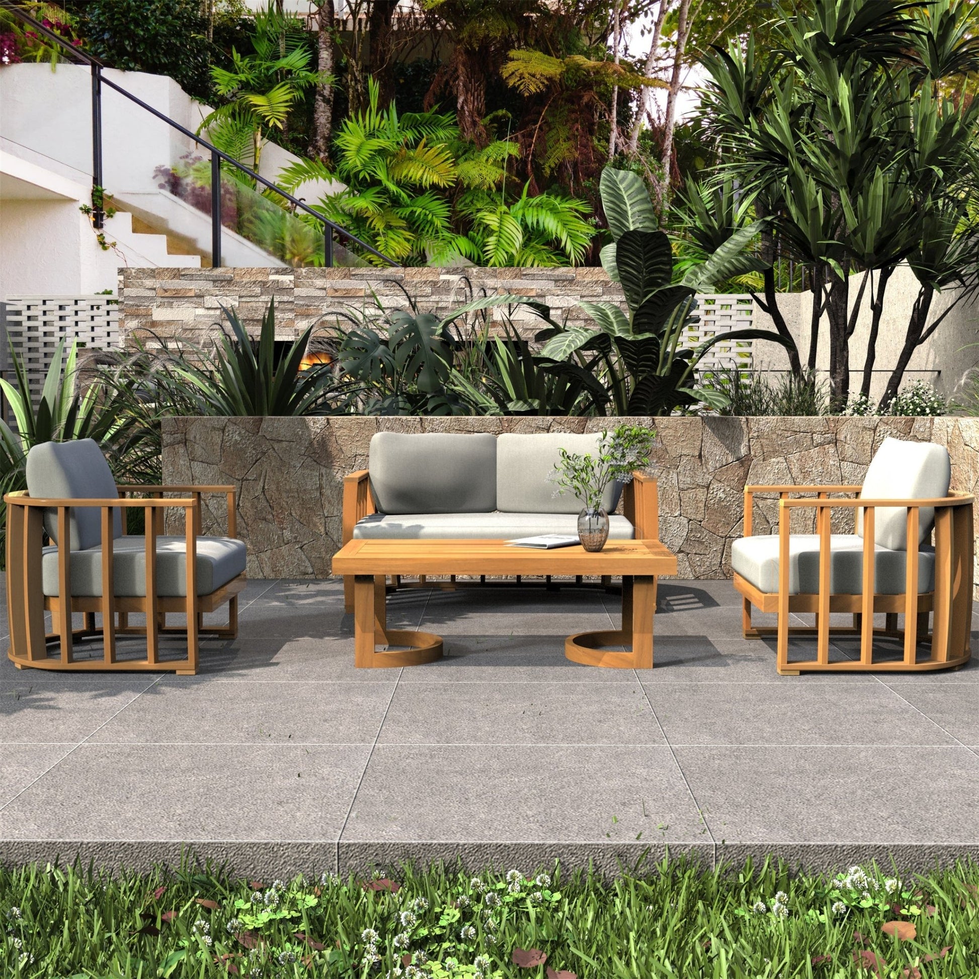 Rebel 4-Seater Wood Patio Conversation Set (PAS-2521-2SC+SC*2+TA) - Direct Wicker