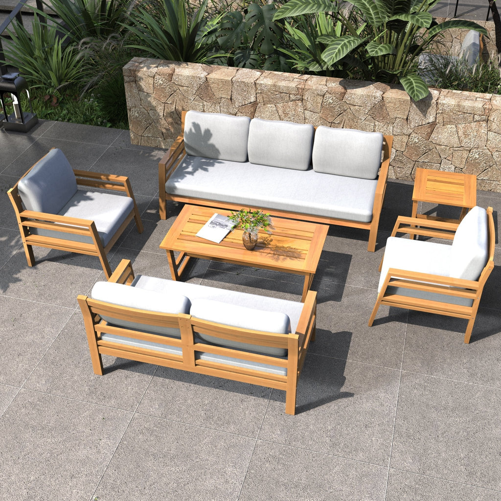 Rebel 5-Seat Wood Patio Conversation Set with Footstool (PAS-2520-3SC+SC*2+TA+ST) - Direct Wicker