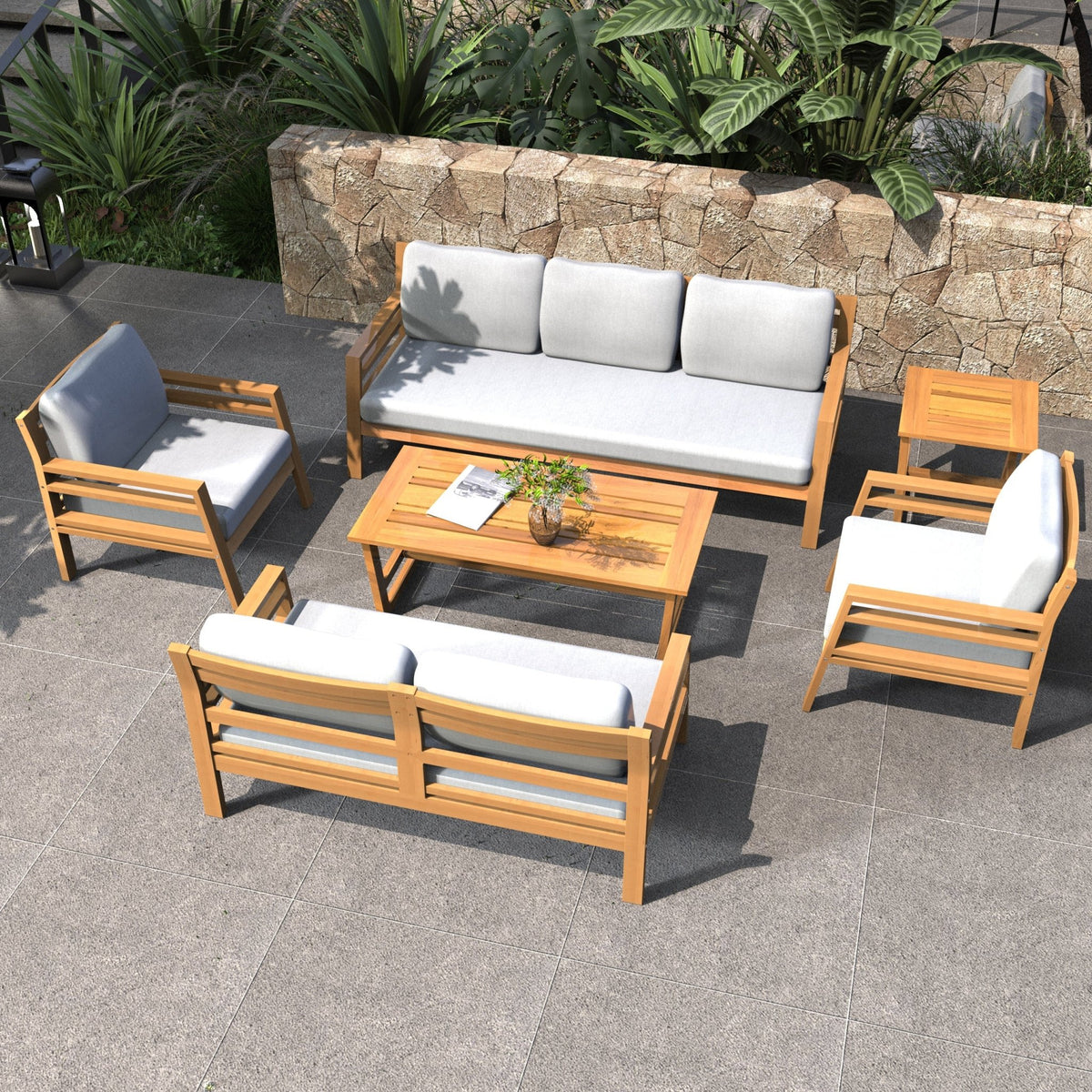 Rebel 5-Seat Wood Patio Conversation Set with Footstool (PAS-2520-3SC+SC*2+TA+ST) - Direct Wicker