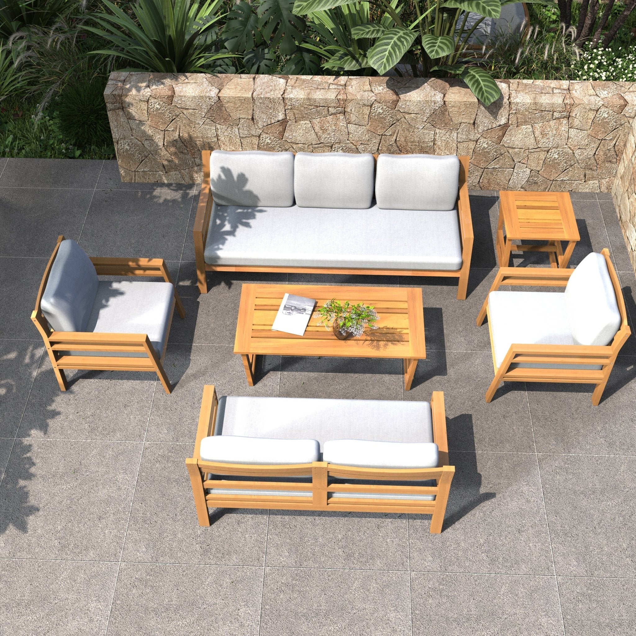 Rebel 5-Seat Wood Patio Conversation Set with Footstool (PAS-2520-3SC+SC*2+TA+ST) - Direct Wicker