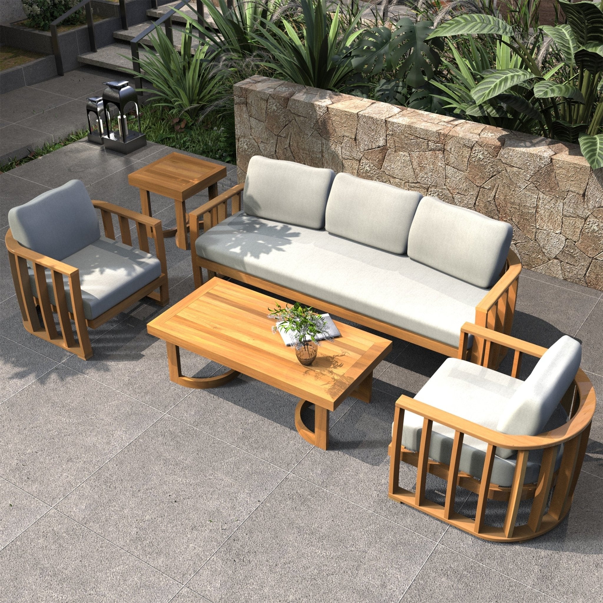 Rebel 5-Seat Wood Patio Conversation Set with Footstool (PAS-2521-3SC+SC*2+TA+ST) - Direct Wicker