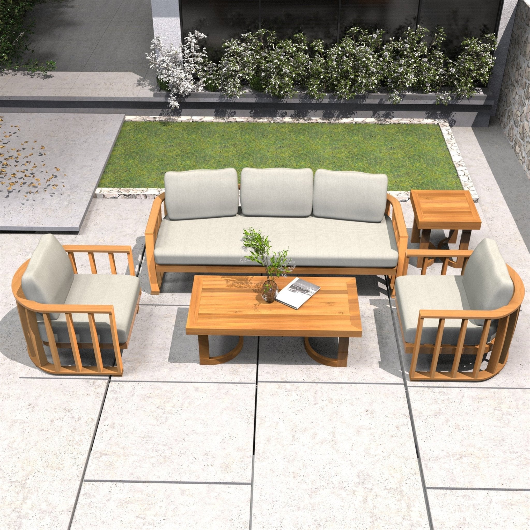 Rebel 5-Seat Wood Patio Conversation Set with Footstool (PAS-2521-3SC+SC*2+TA+ST) - Direct Wicker