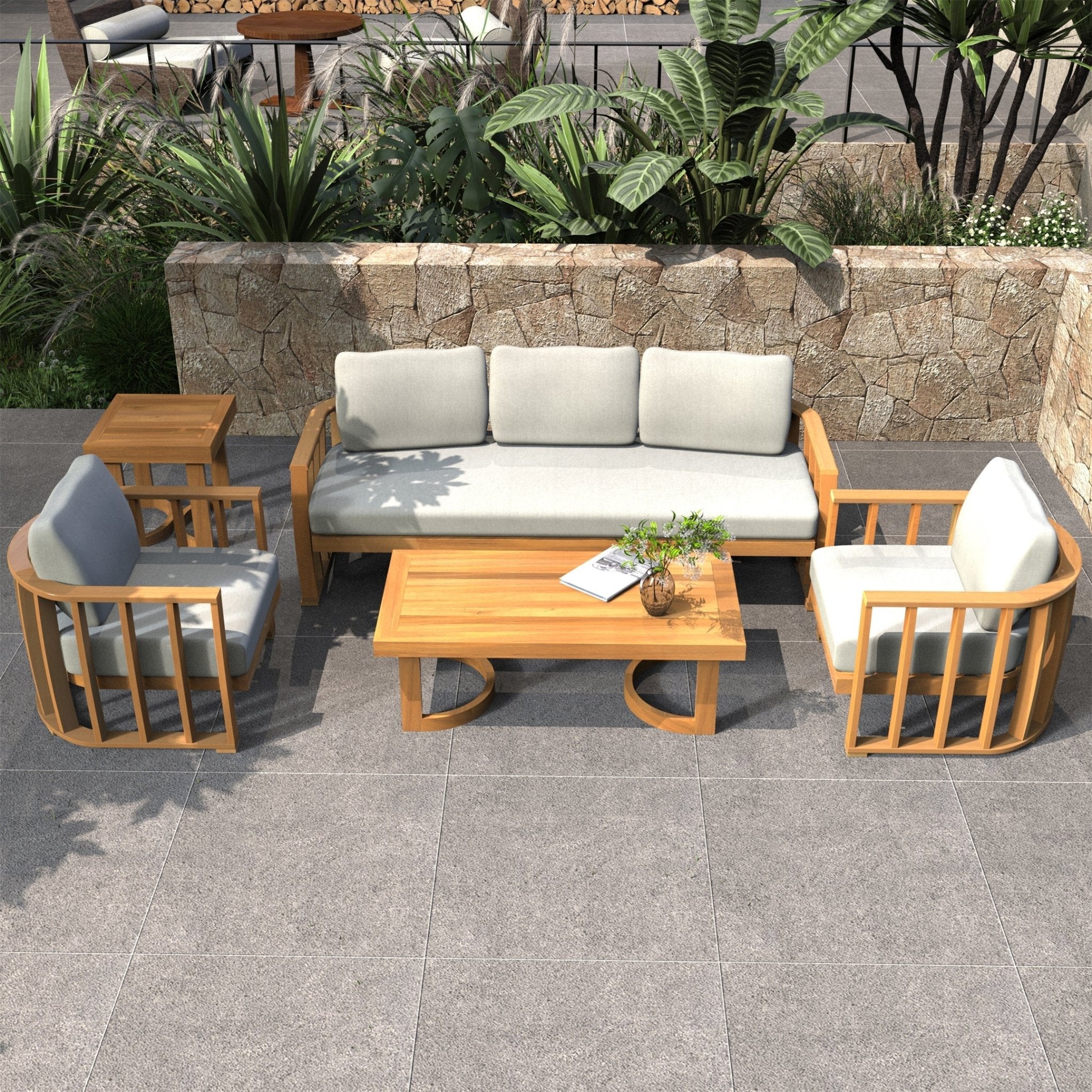 Rebel 5-Seat Wood Patio Conversation Set with Footstool (PAS-2521-3SC+SC*2+TA+ST) - Direct Wicker