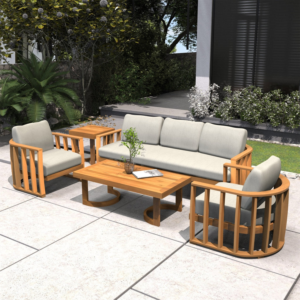Rebel 5-Seat Wood Patio Conversation Set with Footstool (PAS-2521-3SC+SC*2+TA+ST) - Direct Wicker