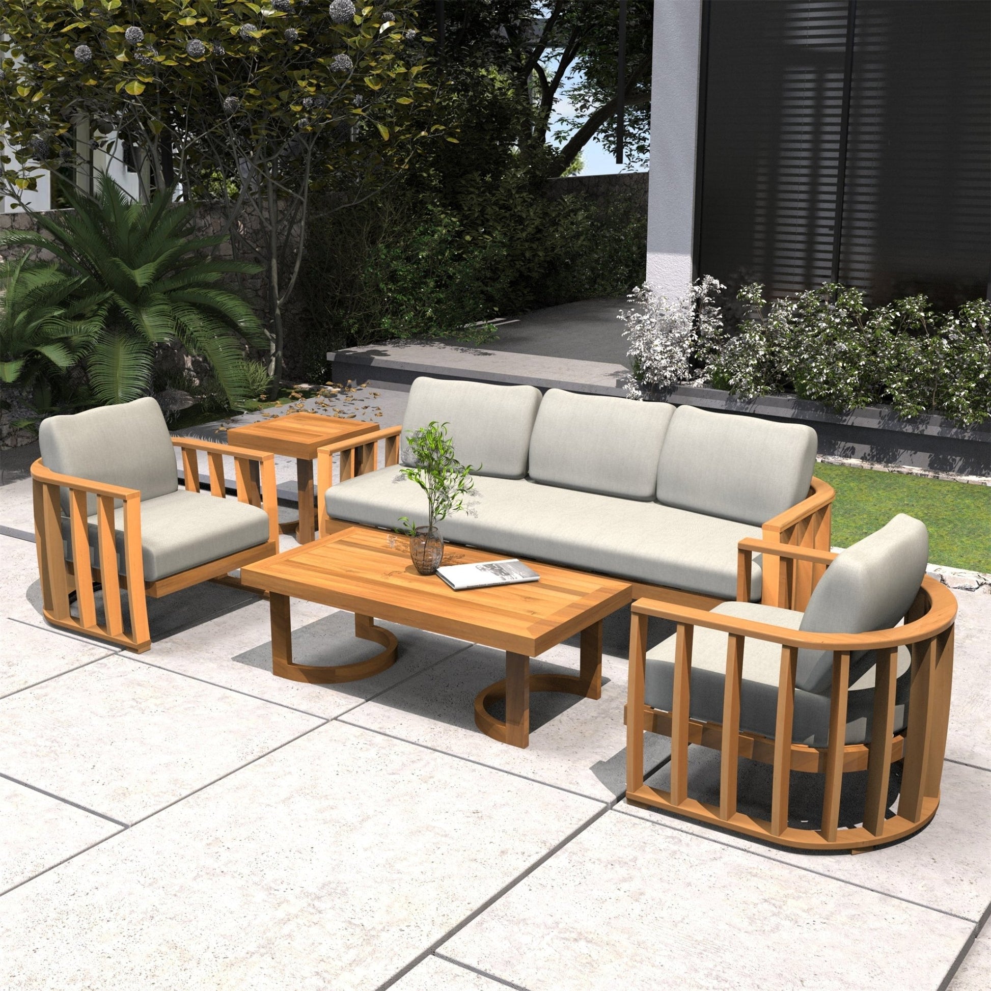 Rebel 5-Seat Wood Patio Conversation Set with Footstool (PAS-2521-3SC+SC*2+TA+ST) - Direct Wicker